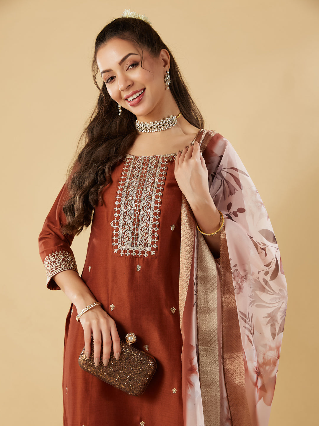 Rust Embroidered Chinon Straight Suit With Printed Dupatta