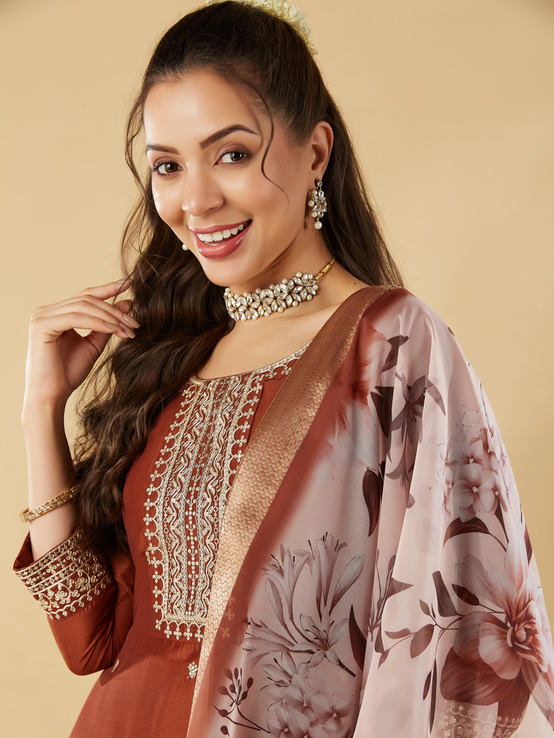 Rust Embroidered Chinon Straight Suit With Printed Dupatta