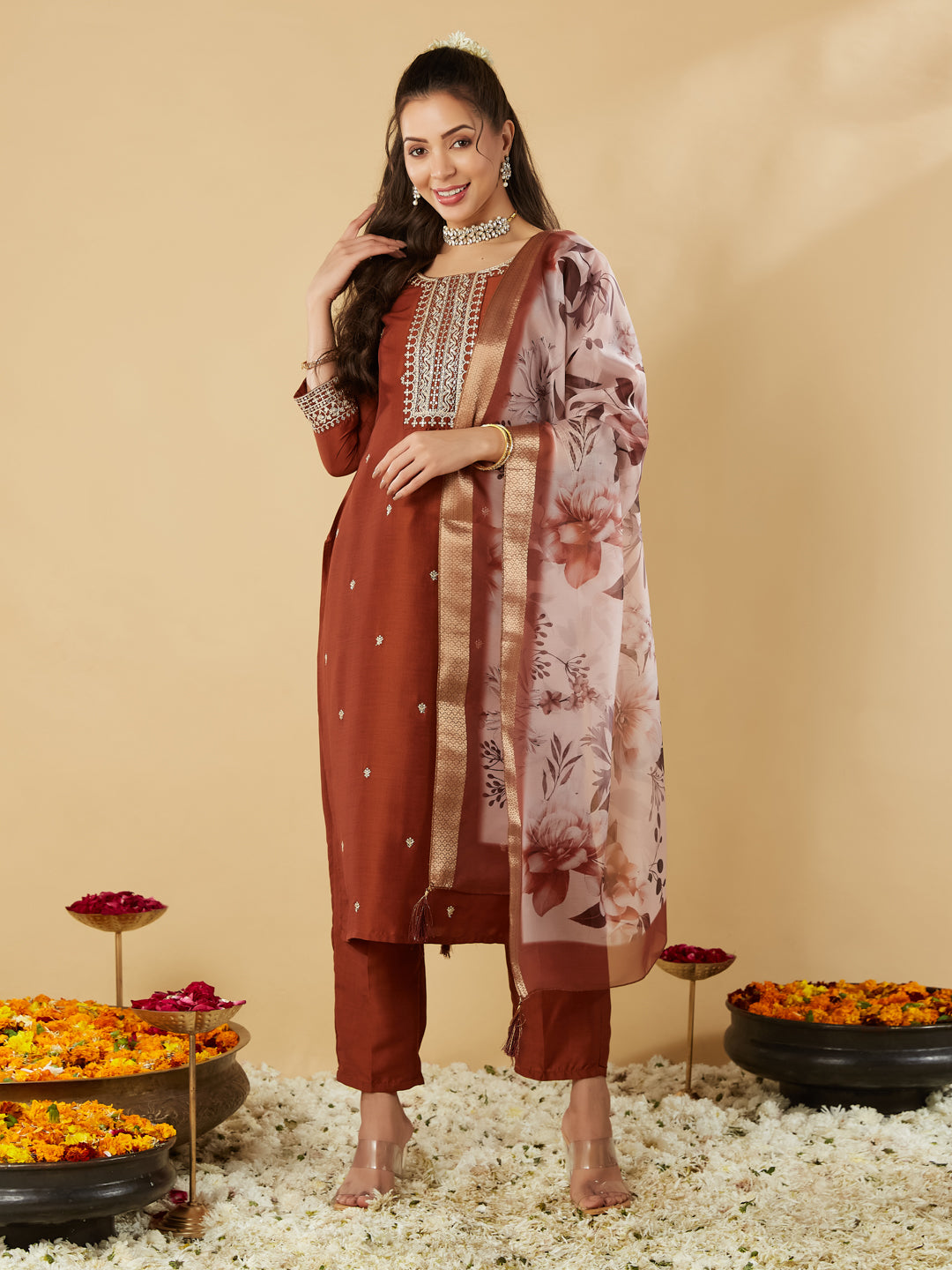 Rust Embroidered Chinon Straight Suit With Printed Dupatta