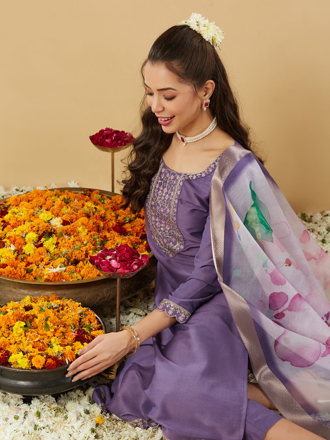 Purple Yoke Design Chinon Straight Suit With Printed Dupatta