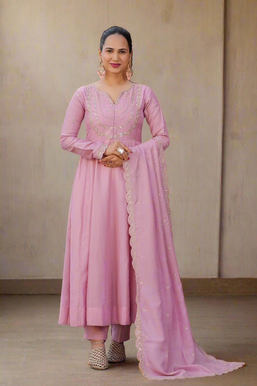 Pink Embroidered Silk Blend Anarkali Kurta With Dupatta Set