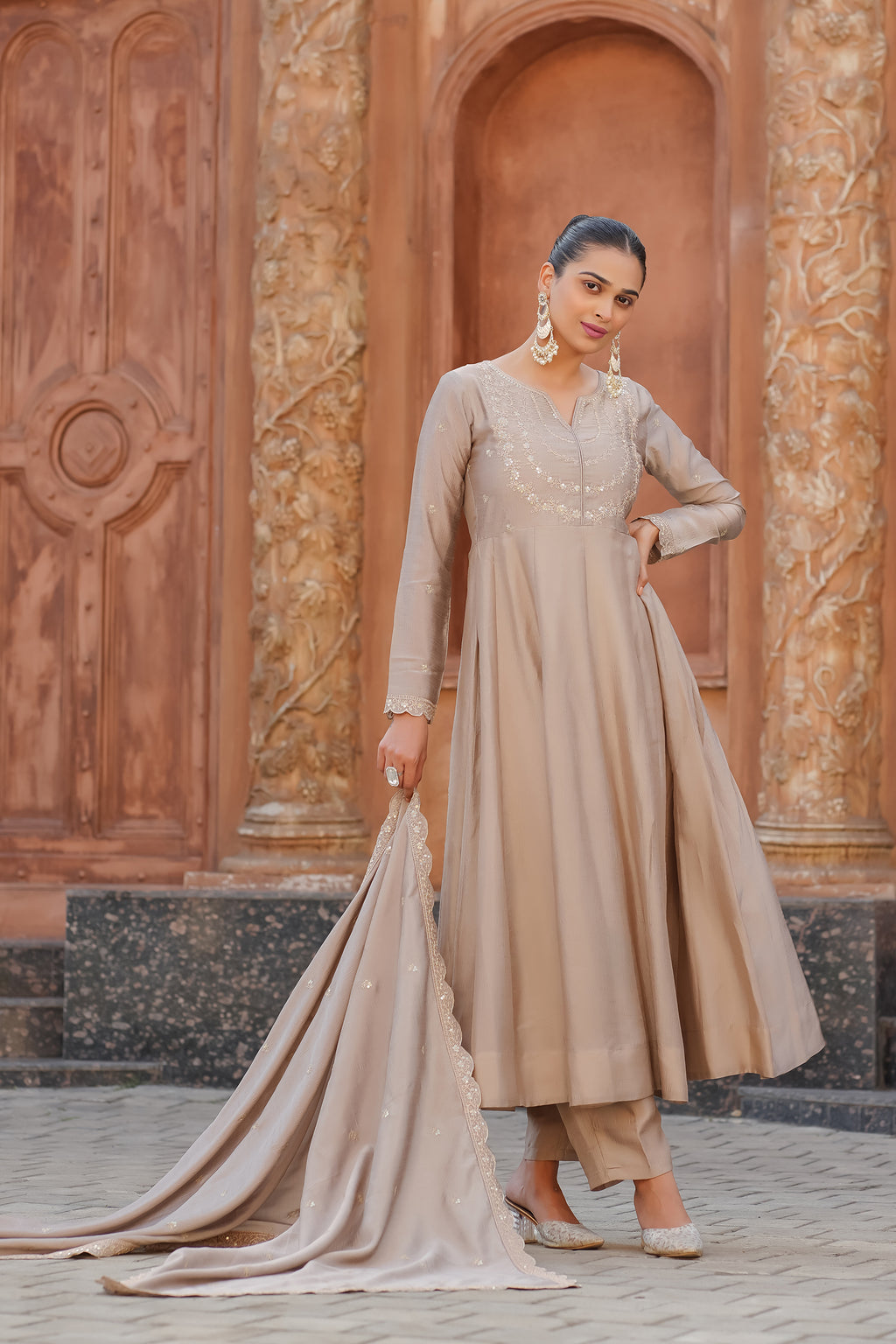 Lilac Embroidered Short Anarkali Kurti, Skirt nd Dupatta Set main image 0