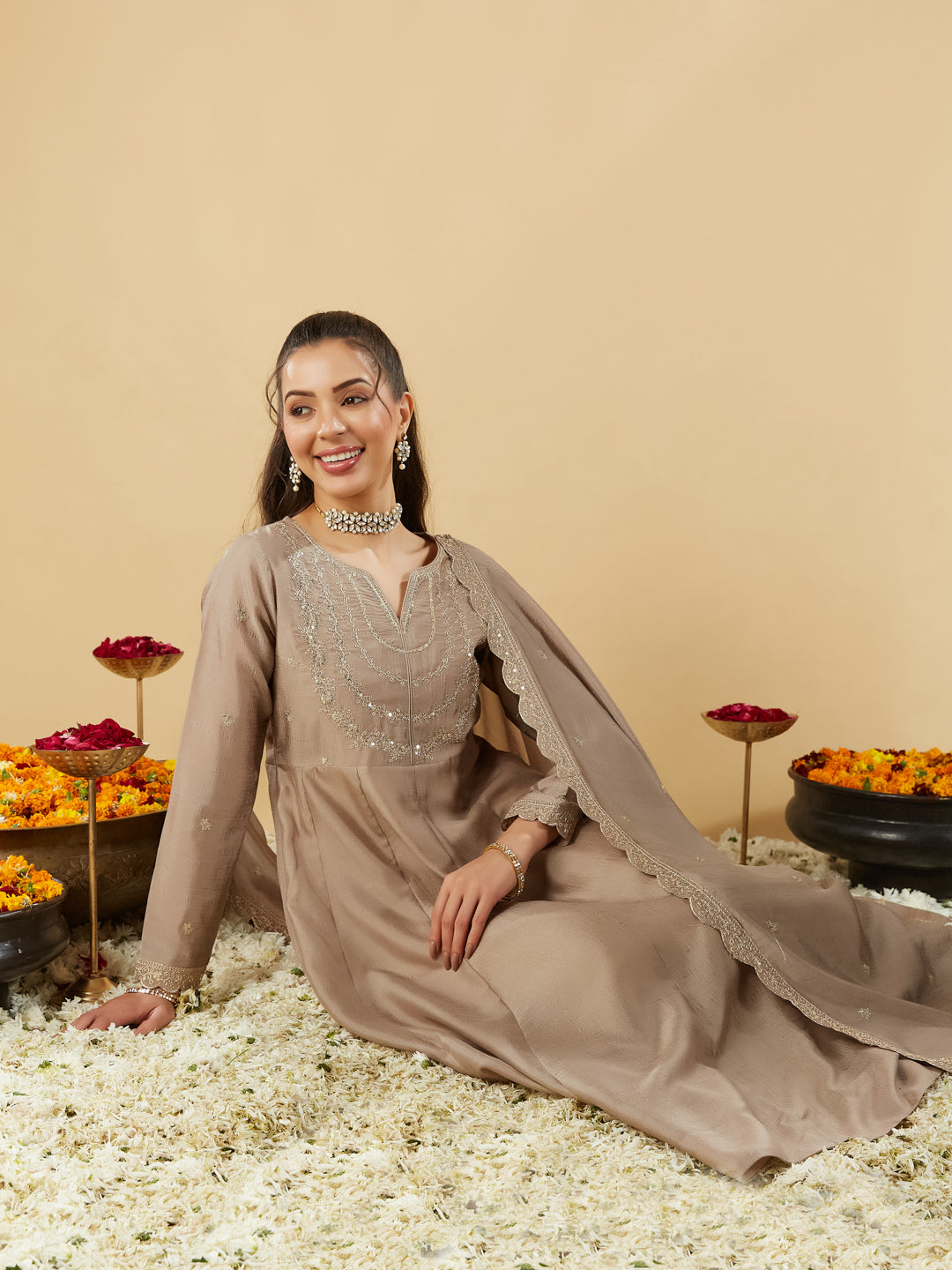 Cream Embroidered Silk Blend Anarkali Kurta With Dupatta Set