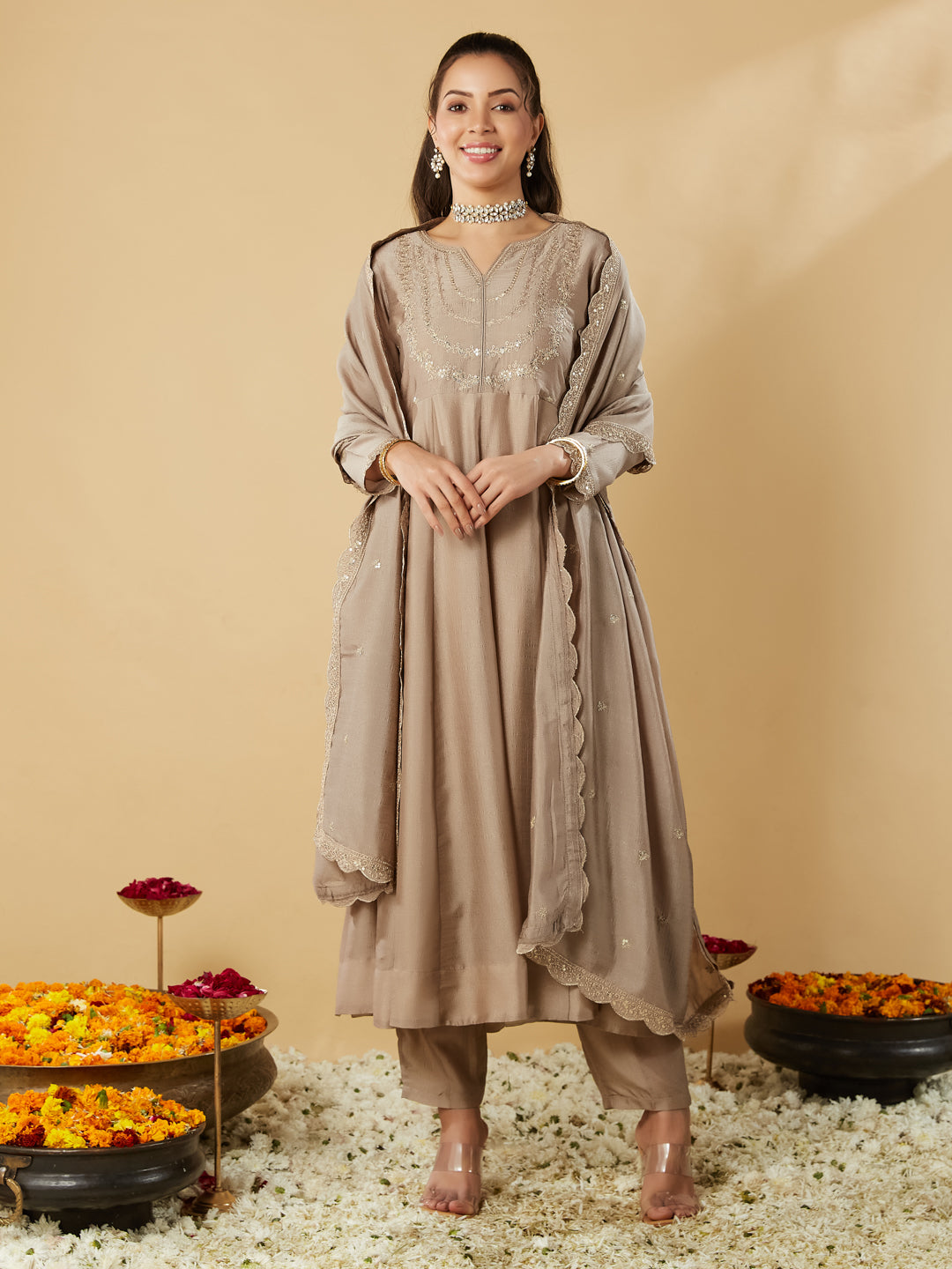 Cream Embroidered Silk Blend Anarkali Kurta With Dupatta Set