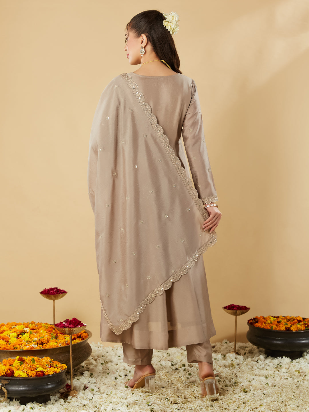 Cream Embroidered Silk Blend Anarkali Kurta With Dupatta Set