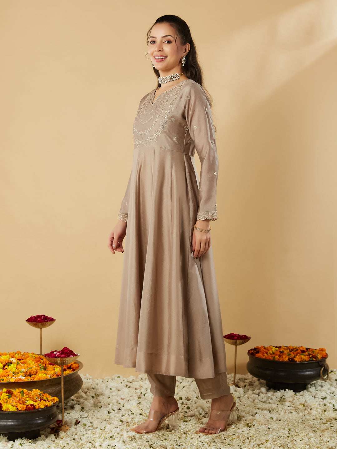 Cream Embroidered Silk Blend Anarkali Kurta With Dupatta Set