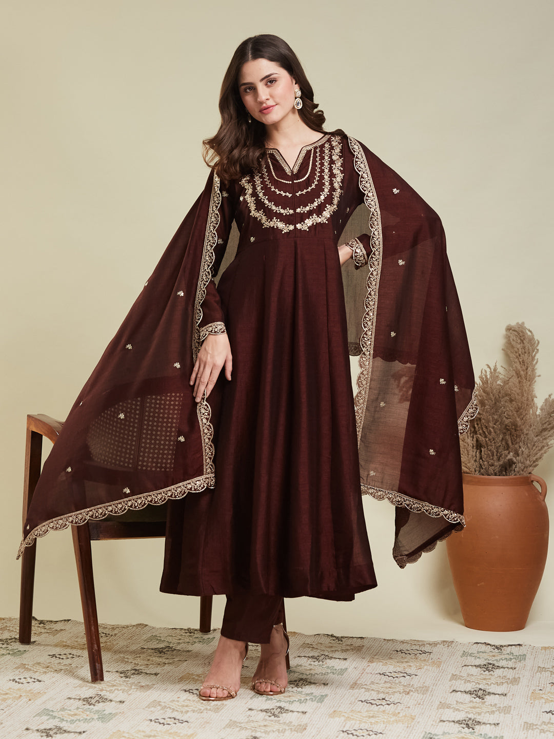 Brown Embroidered Silk Blend Anarkali Kurta With Dupatta Set