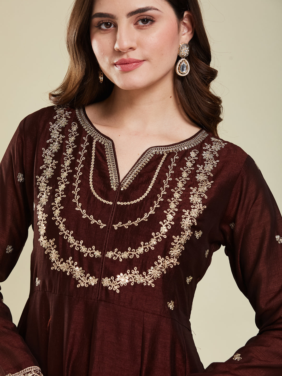 Brown Embroidered Silk Blend Anarkali Kurta With Dupatta Set