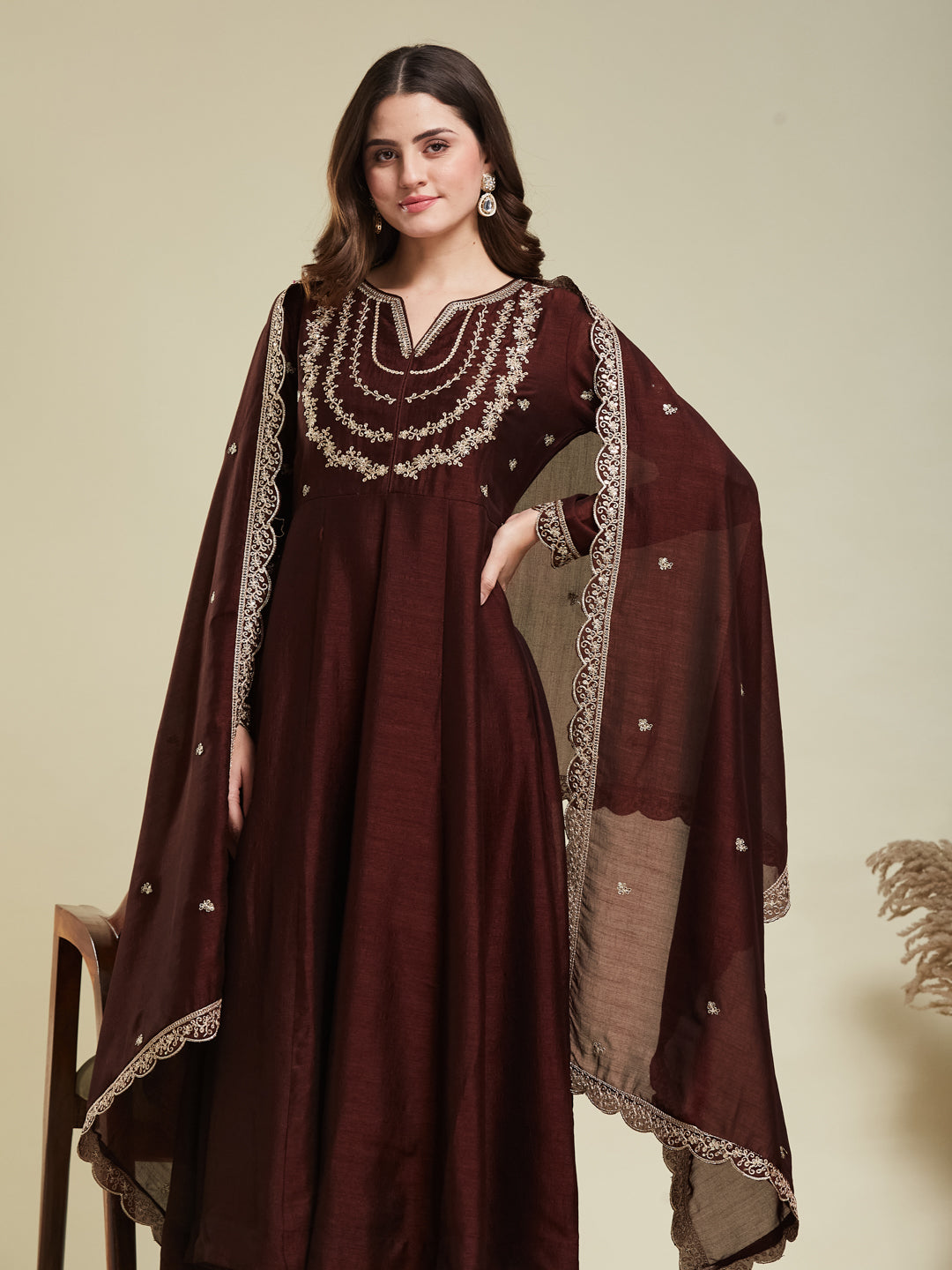 Brown Embroidered Silk Blend Anarkali Kurta With Dupatta Set