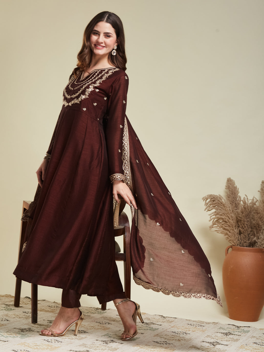 Brown Embroidered Silk Blend Anarkali Kurta With Dupatta Set