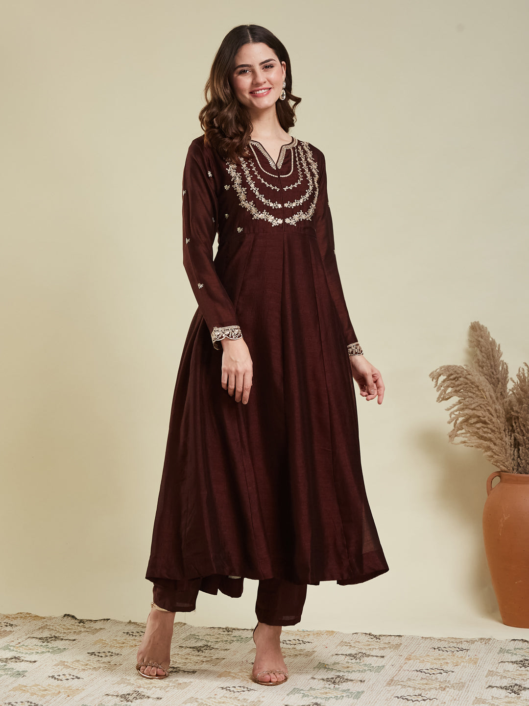 Brown Embroidered Silk Blend Anarkali Kurta With Dupatta Set
