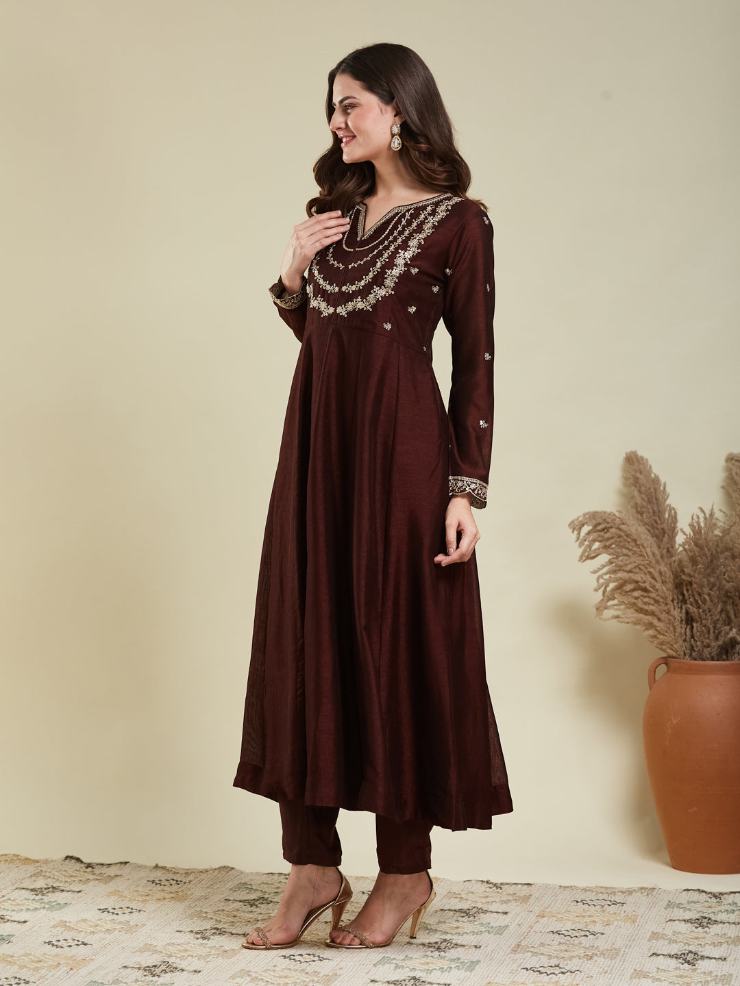 Brown Embroidered Silk Blend Anarkali Kurta With Dupatta Set