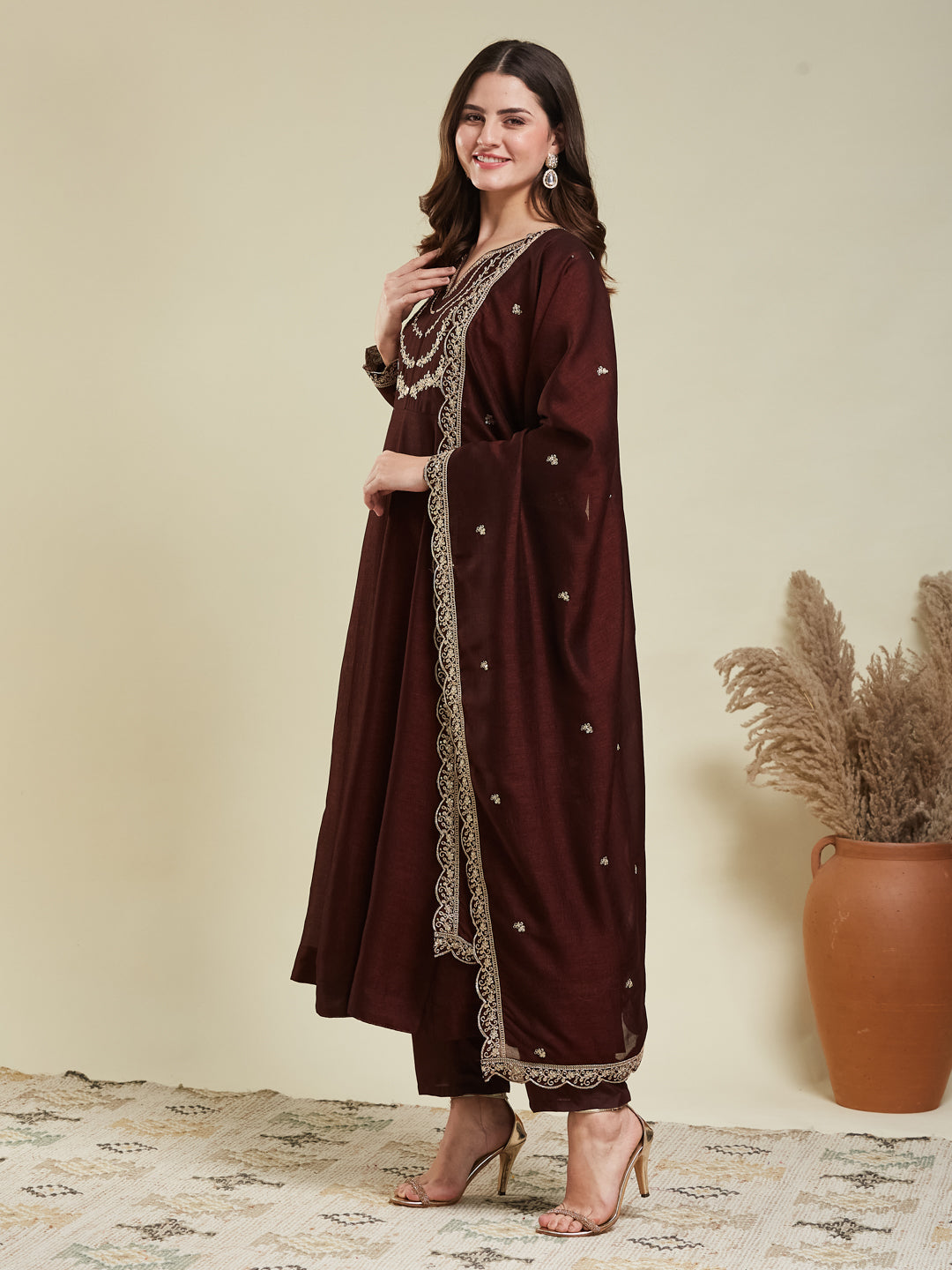 Brown Embroidered Silk Blend Anarkali Kurta With Dupatta Set