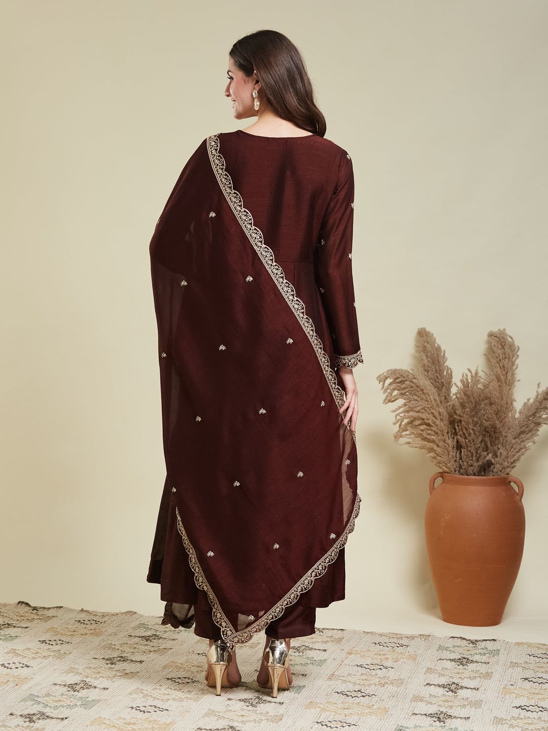 Brown Embroidered Silk Blend Anarkali Kurta With Dupatta Set