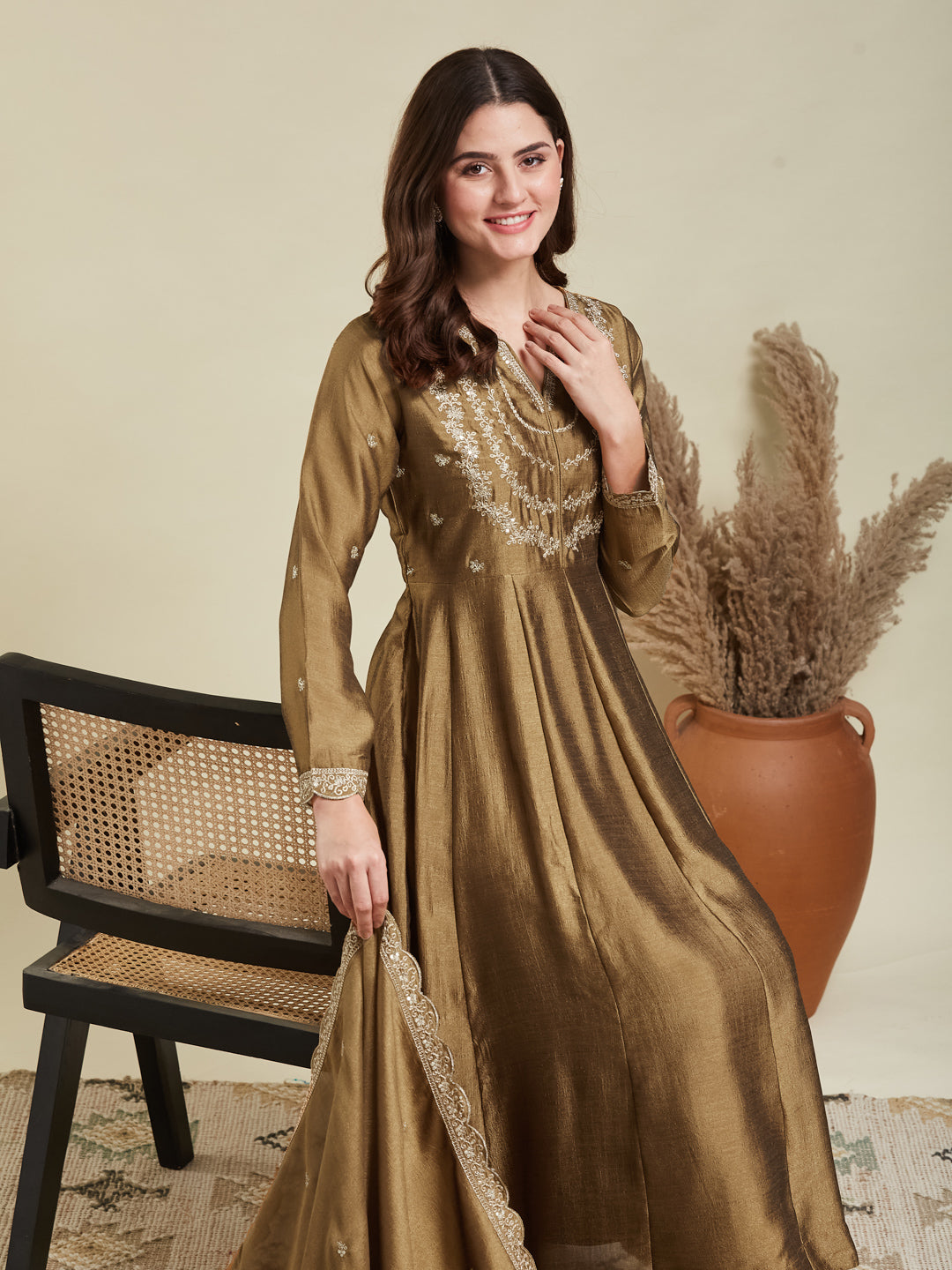 Gold Embroidered Silk Blend Anarkali Kurta With Dupatta Set