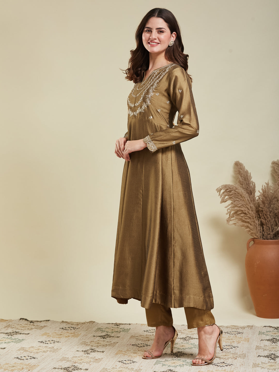 Gold Embroidered Silk Blend Anarkali Kurta With Dupatta Set
