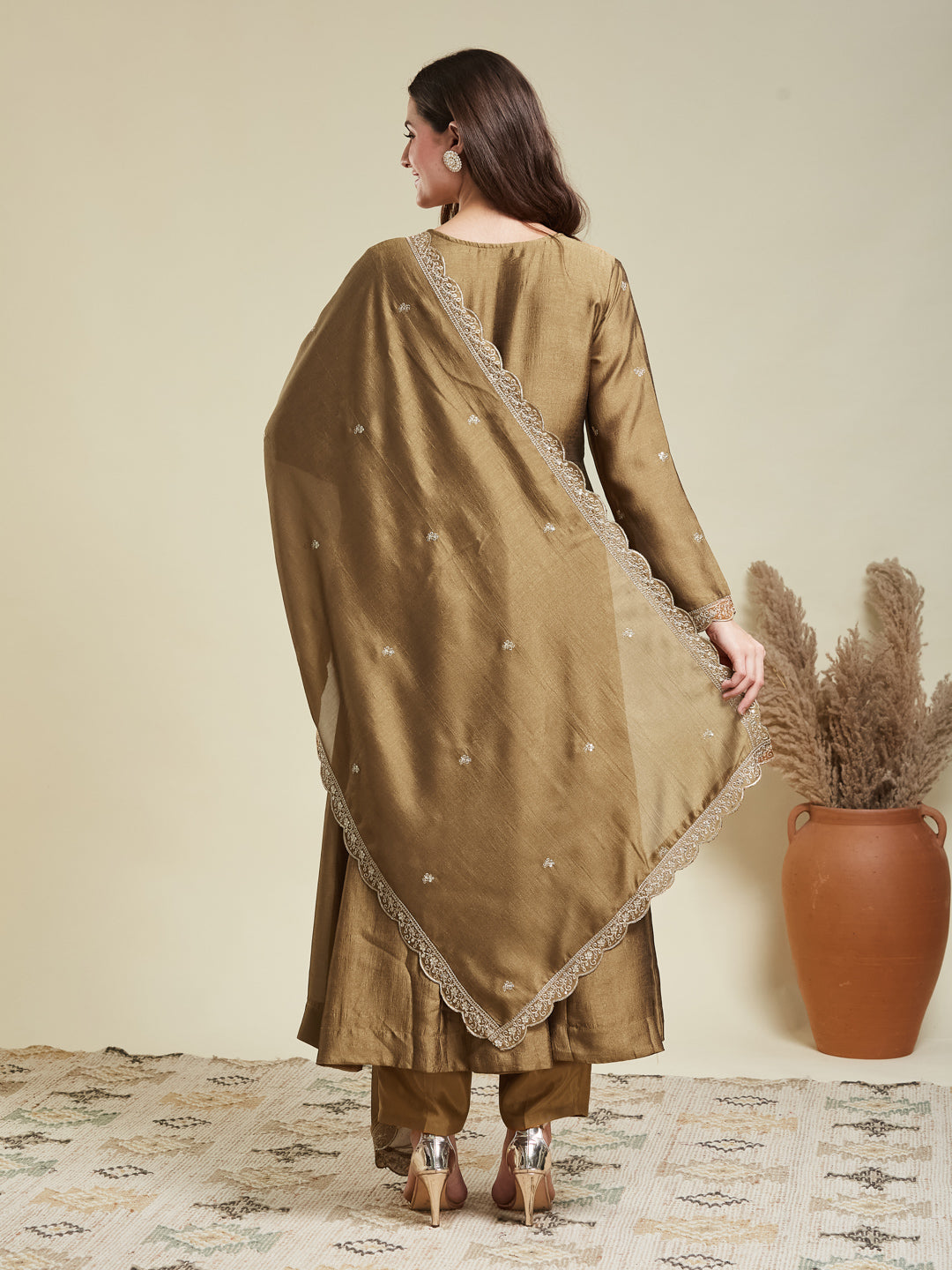 Gold Embroidered Silk Blend Anarkali Kurta With Dupatta Set