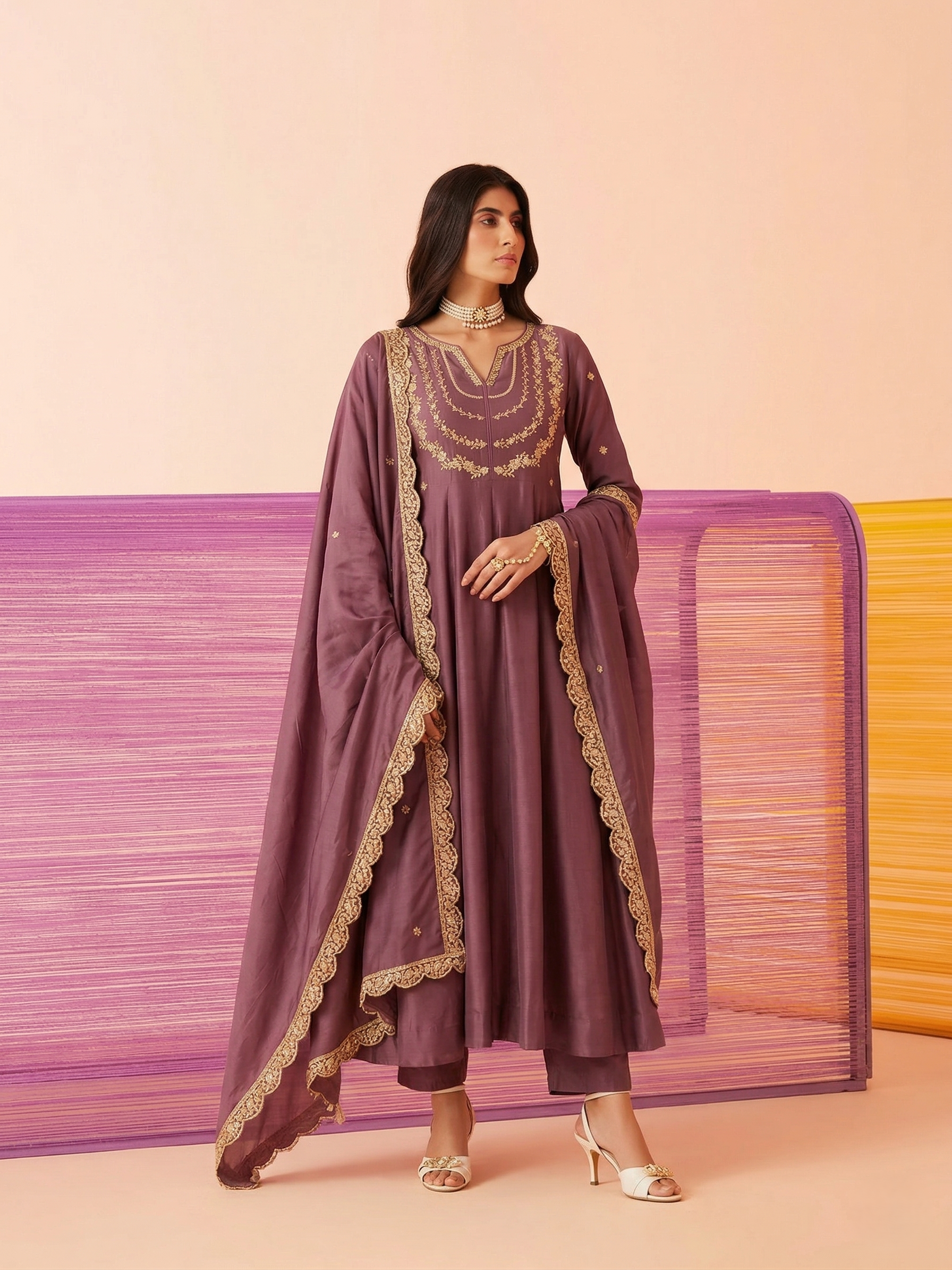 Maroon Embroidered Silk Blend Anarkali Kurta With Dupatta Set