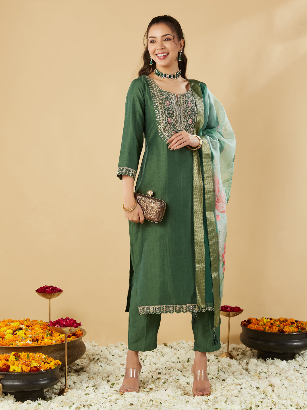 Green Embroidered Chinon Straight Kurta With Printed Dupatta