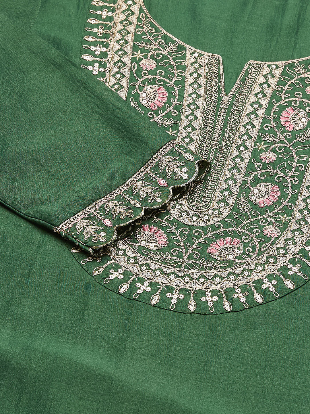Green Embroidered Chinon Straight Kurta With Printed Dupatta
