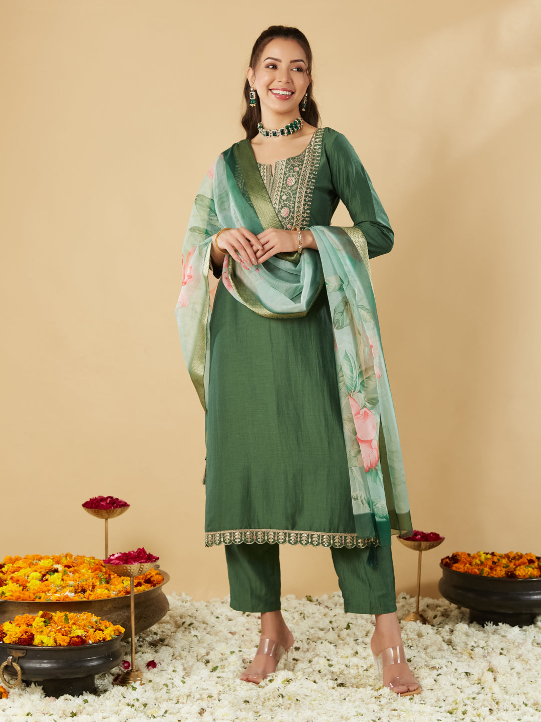Green Embroidered Chinon Straight Kurta With Printed Dupatta