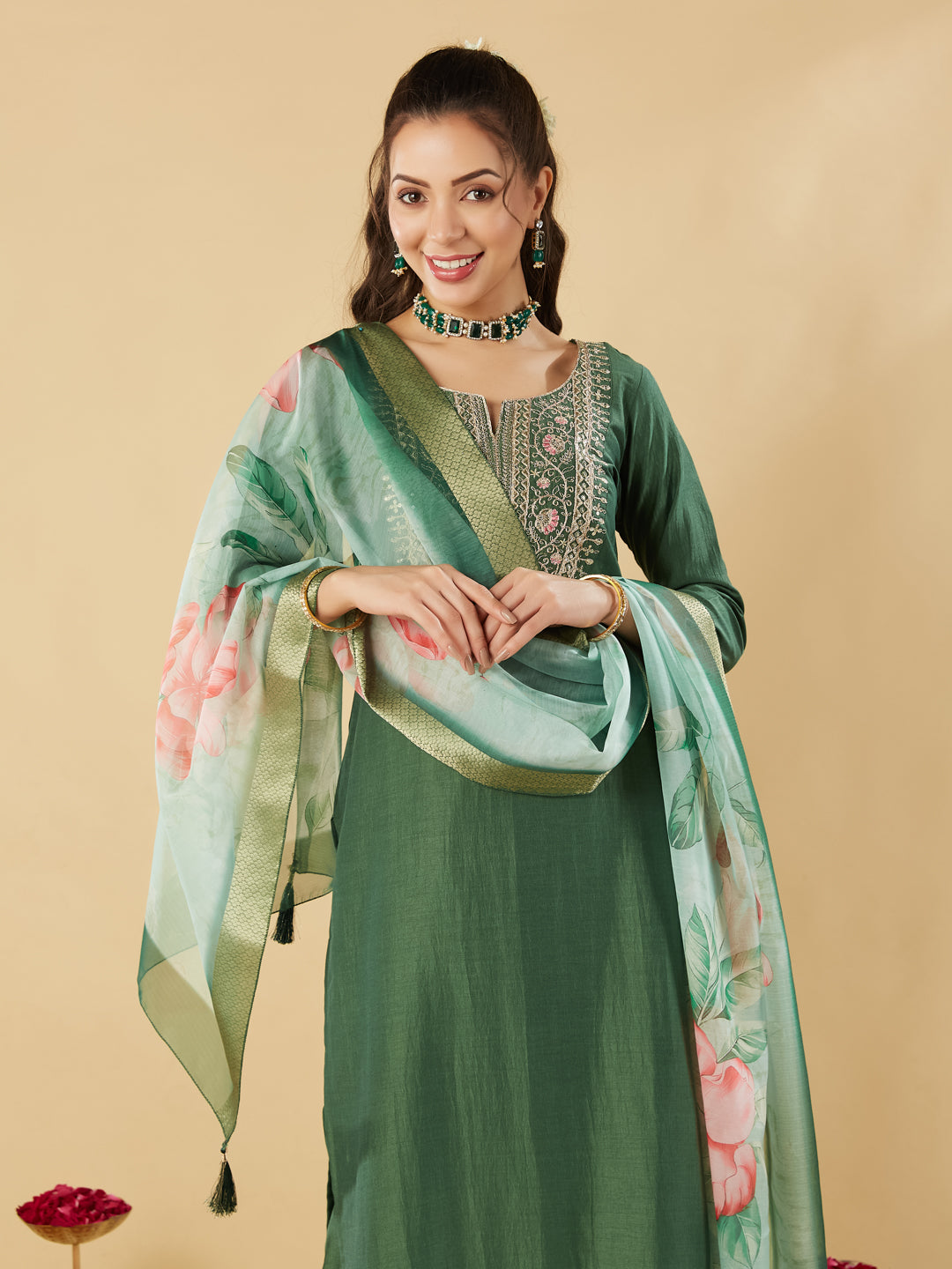 Green Embroidered Chinon Straight Kurta With Printed Dupatta