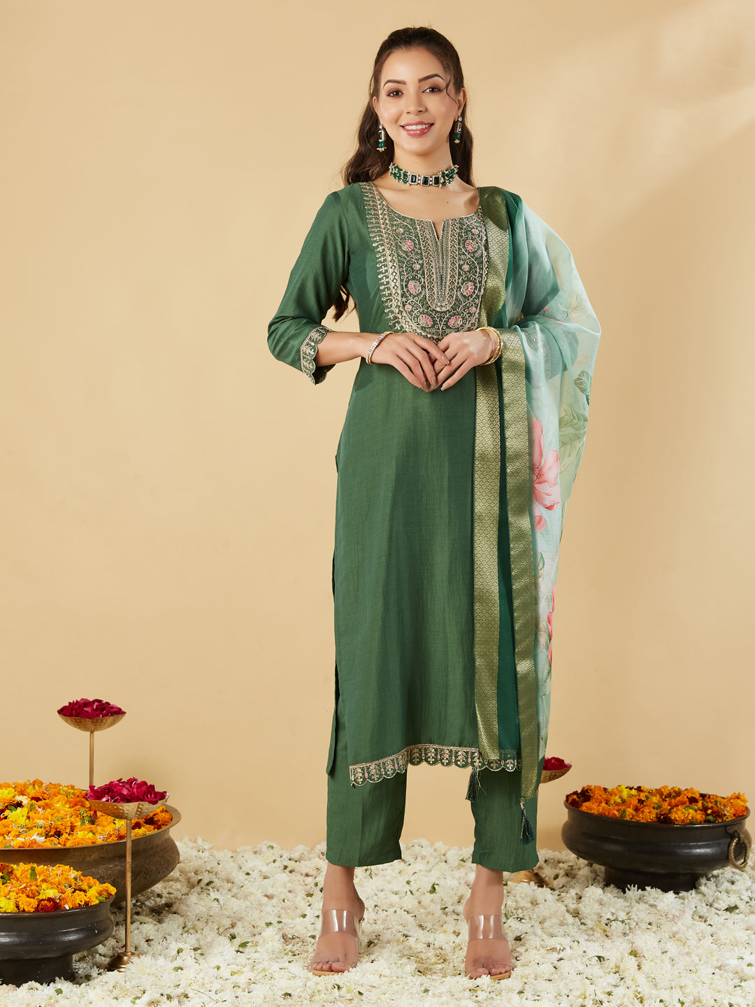 Green Embroidered Chinon Straight Kurta With Printed Dupatta