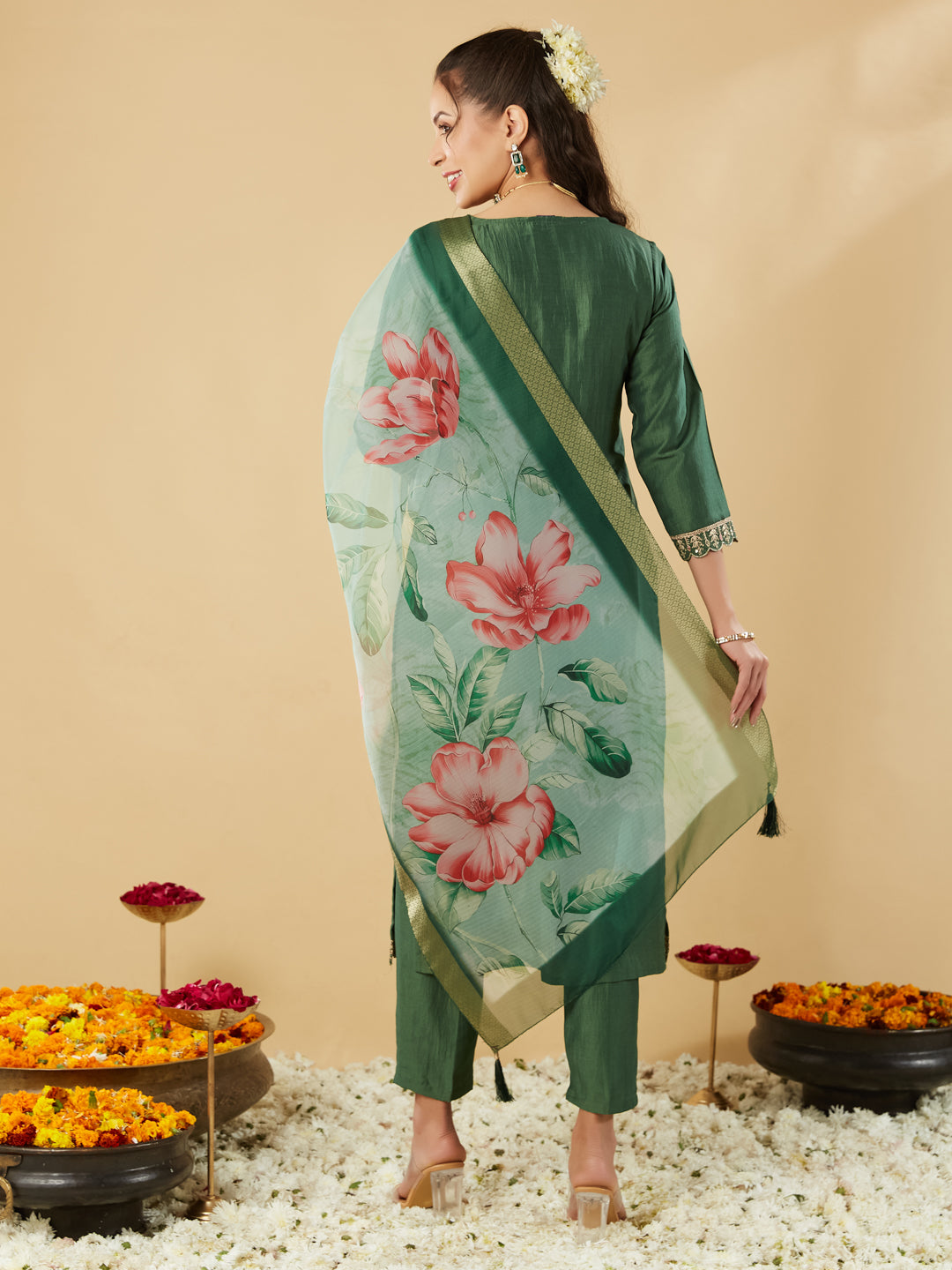 Green Embroidered Chinon Straight Kurta With Printed Dupatta