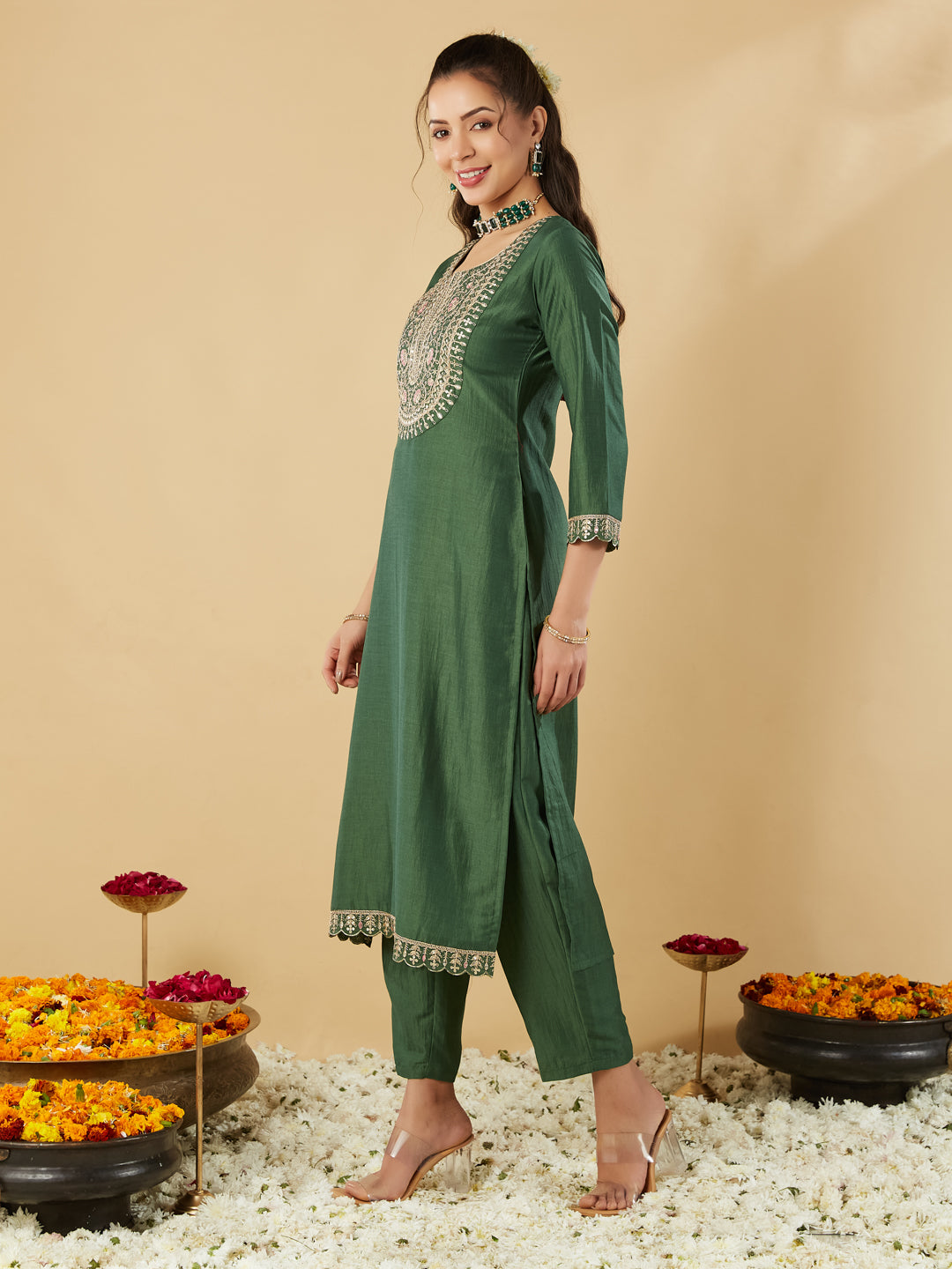 Green Embroidered Chinon Straight Kurta With Printed Dupatta