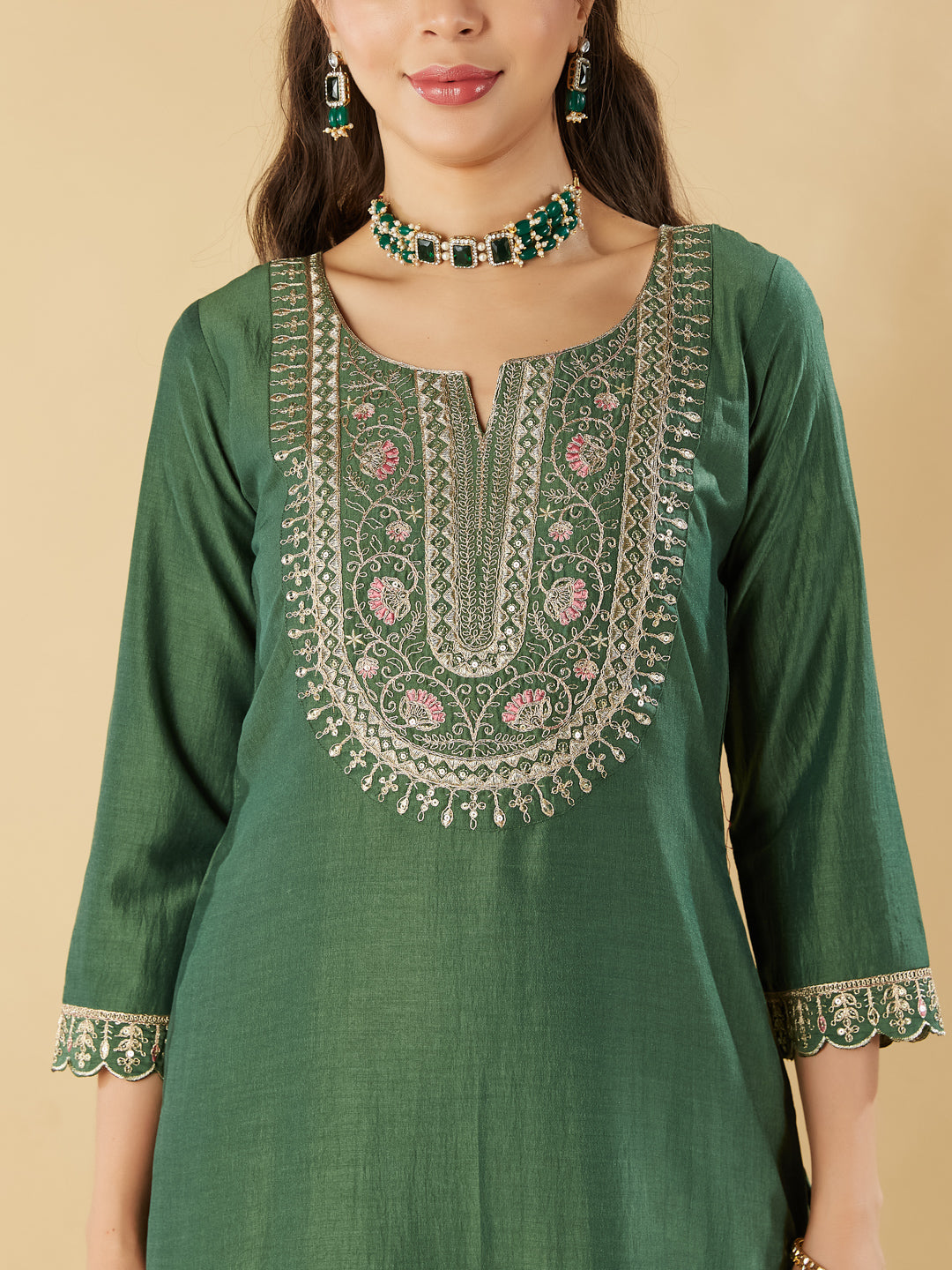 Green Embroidered Chinon Straight Kurta With Printed Dupatta