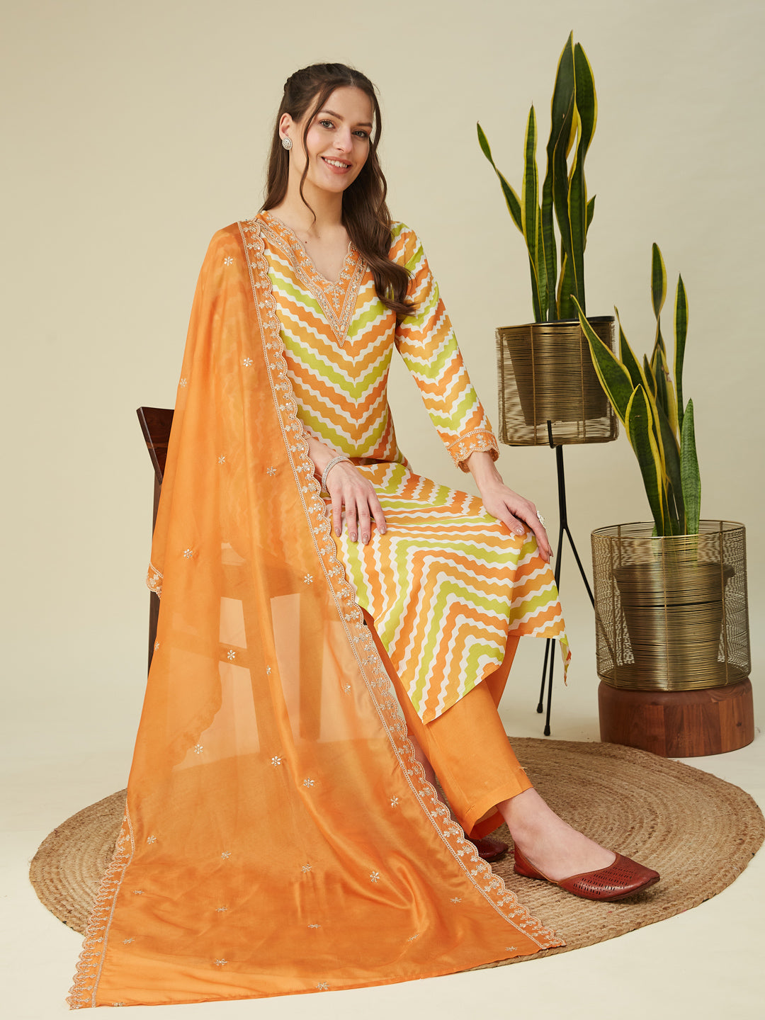 Orange Embroidered Printed Chinon Straight Kurta with Dupatta set
