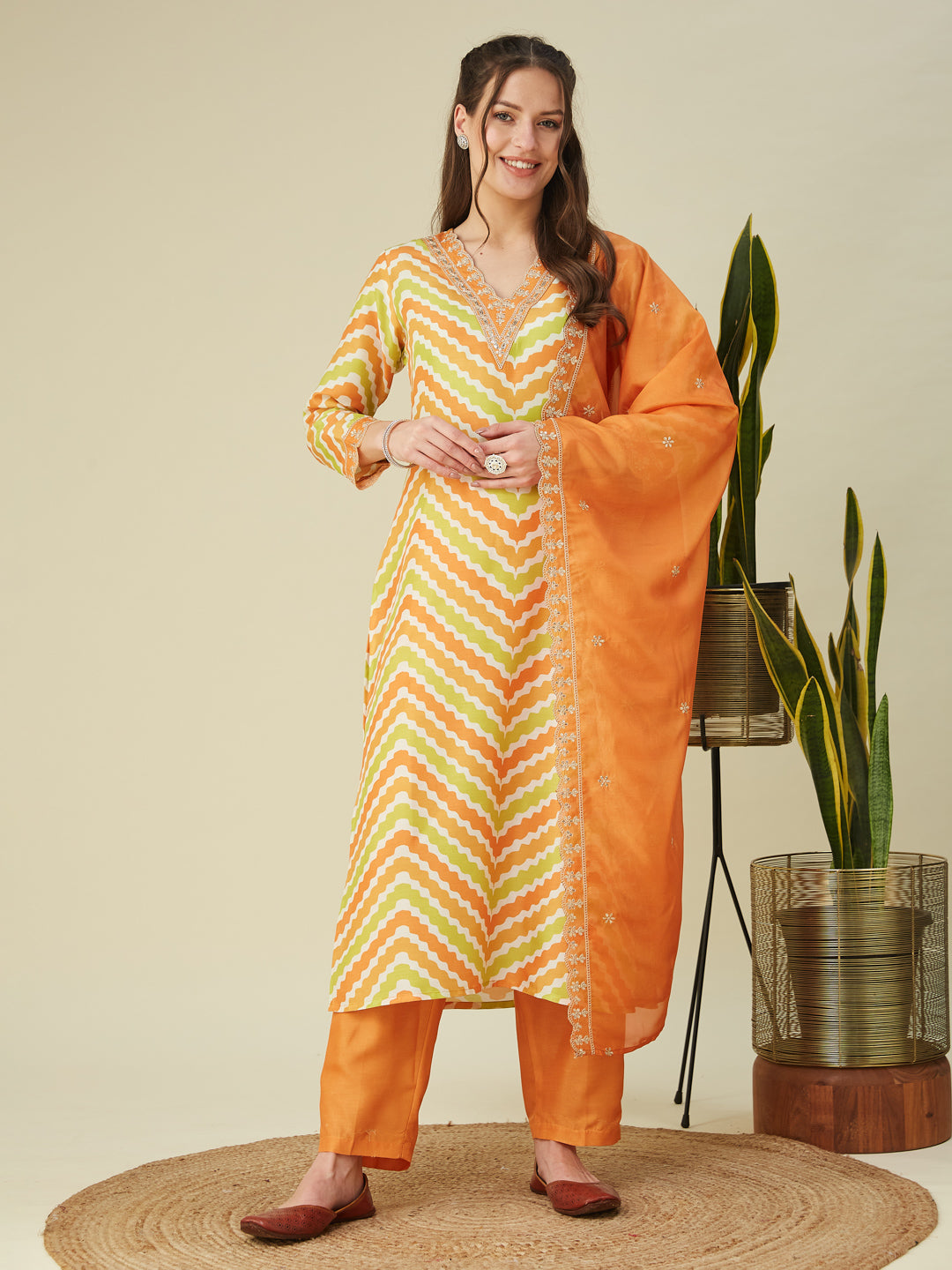 Orange Embroidered Printed Chinon Straight Kurta with Dupatta set