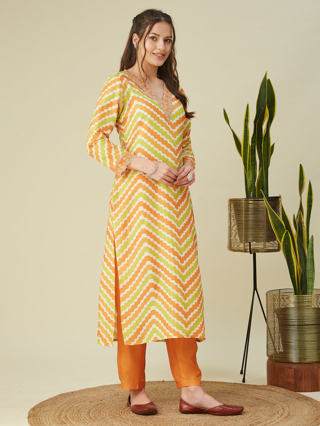 Orange Embroidered Printed Chinon Straight Kurta with Dupatta set