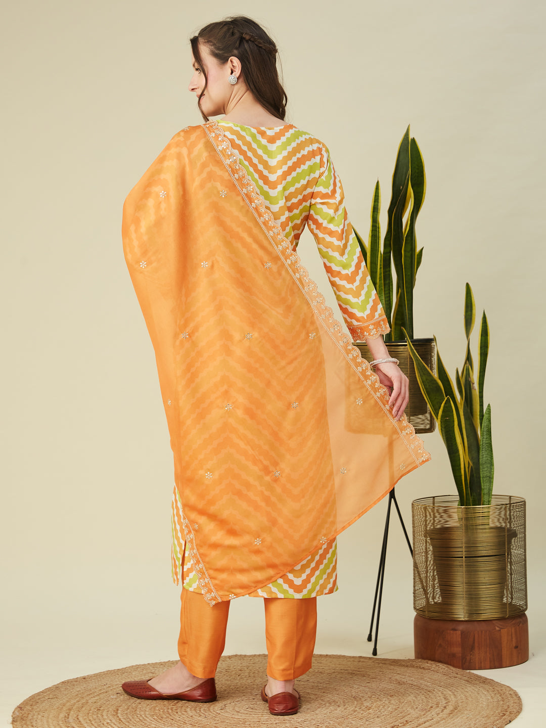 Orange Embroidered Printed Chinon Straight Kurta with Dupatta set
