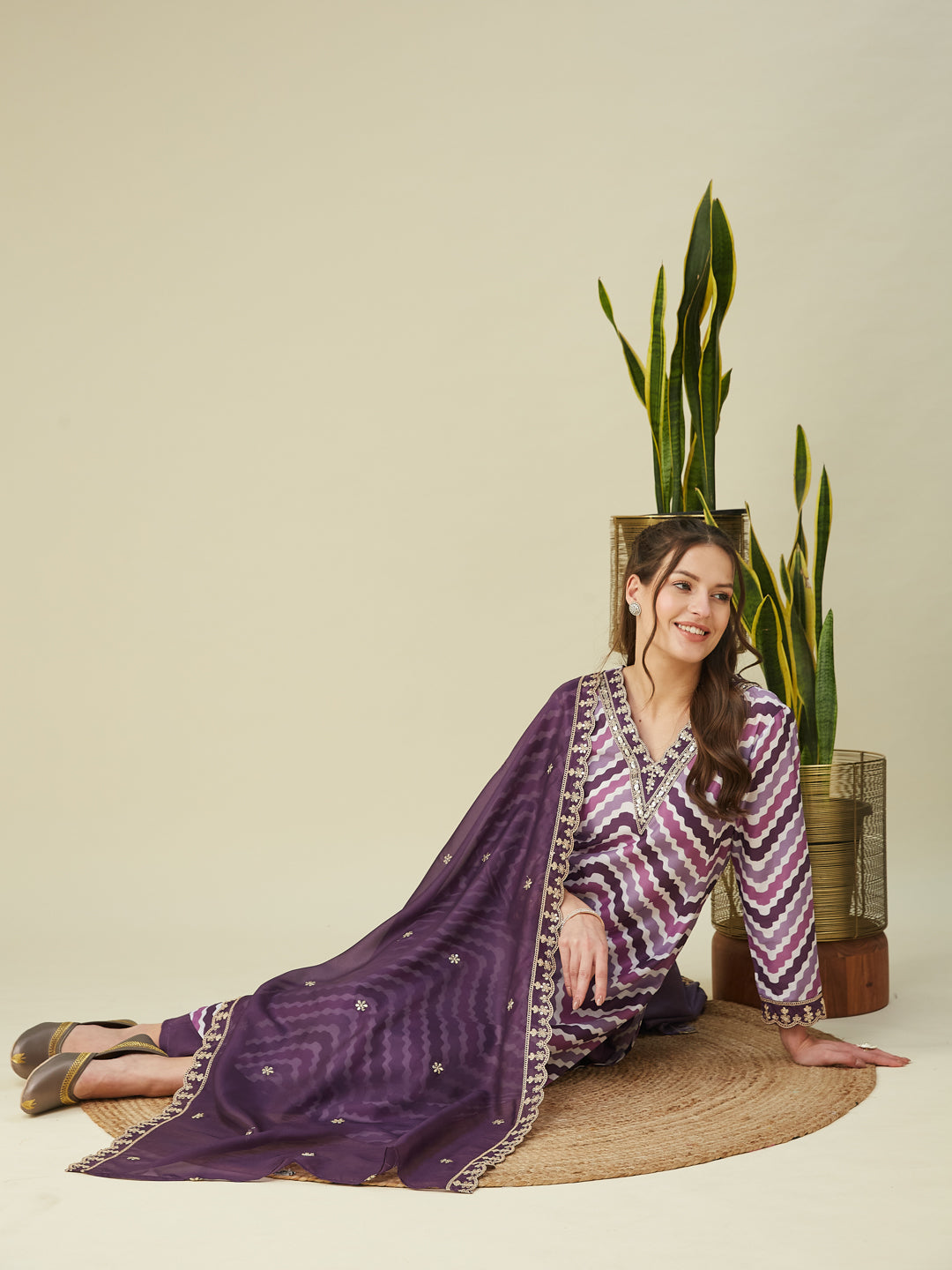 Lavender Embroidered Printed Chinon Straight Kurta with Dupatta set