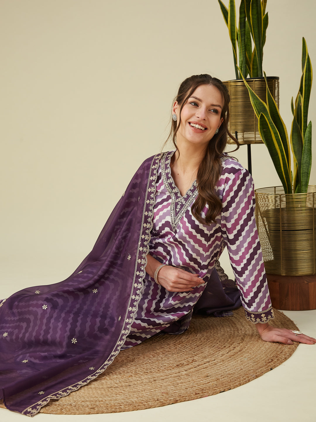 Lavender Embroidered Printed Chinon Straight Kurta with Dupatta set