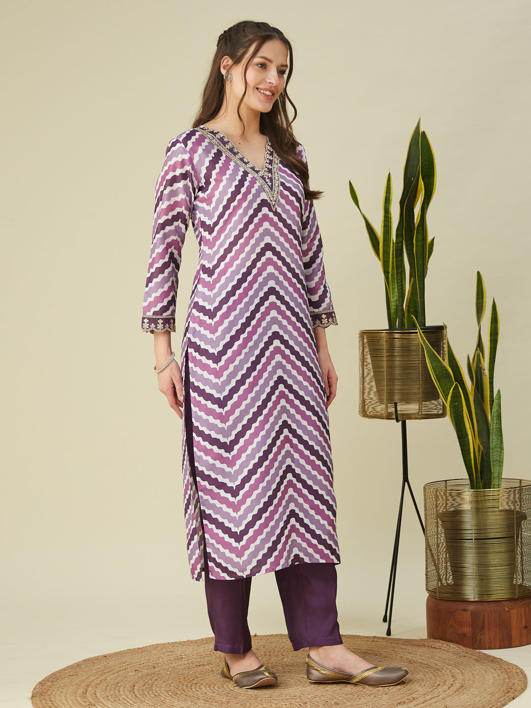 Lavender Embroidered Printed Chinon Straight Kurta with Dupatta set