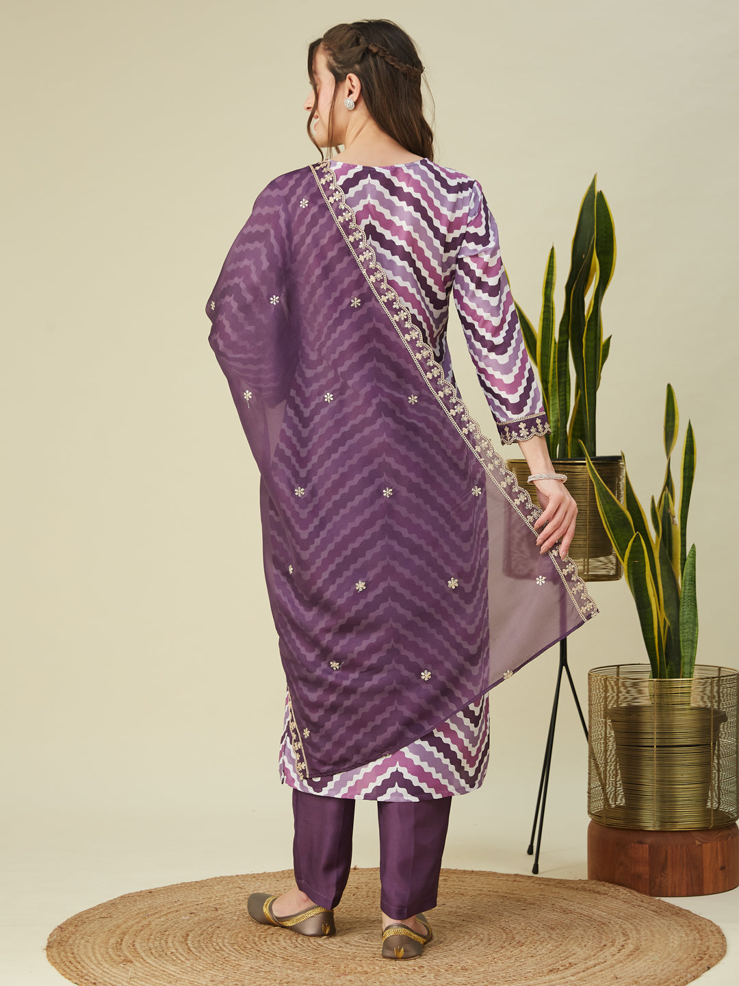 Lavender Embroidered Printed Chinon Straight Kurta with Dupatta set