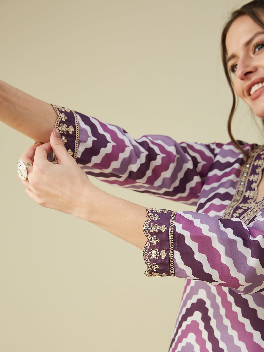 Lavender Embroidered Printed Chinon Straight Kurta with Dupatta set