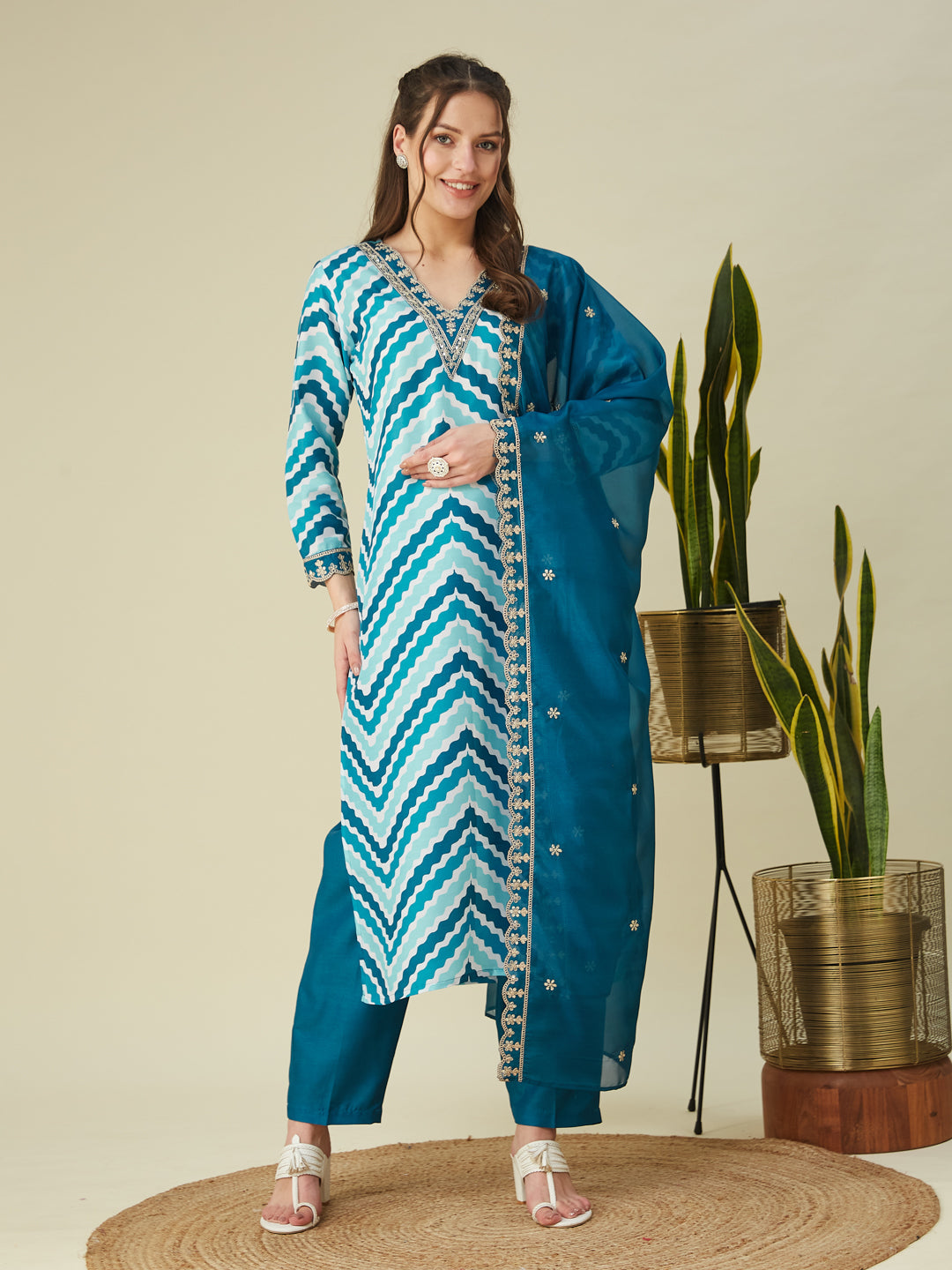 Rama Embroidered Printed Chinon Straight Kurta with Dupatta set