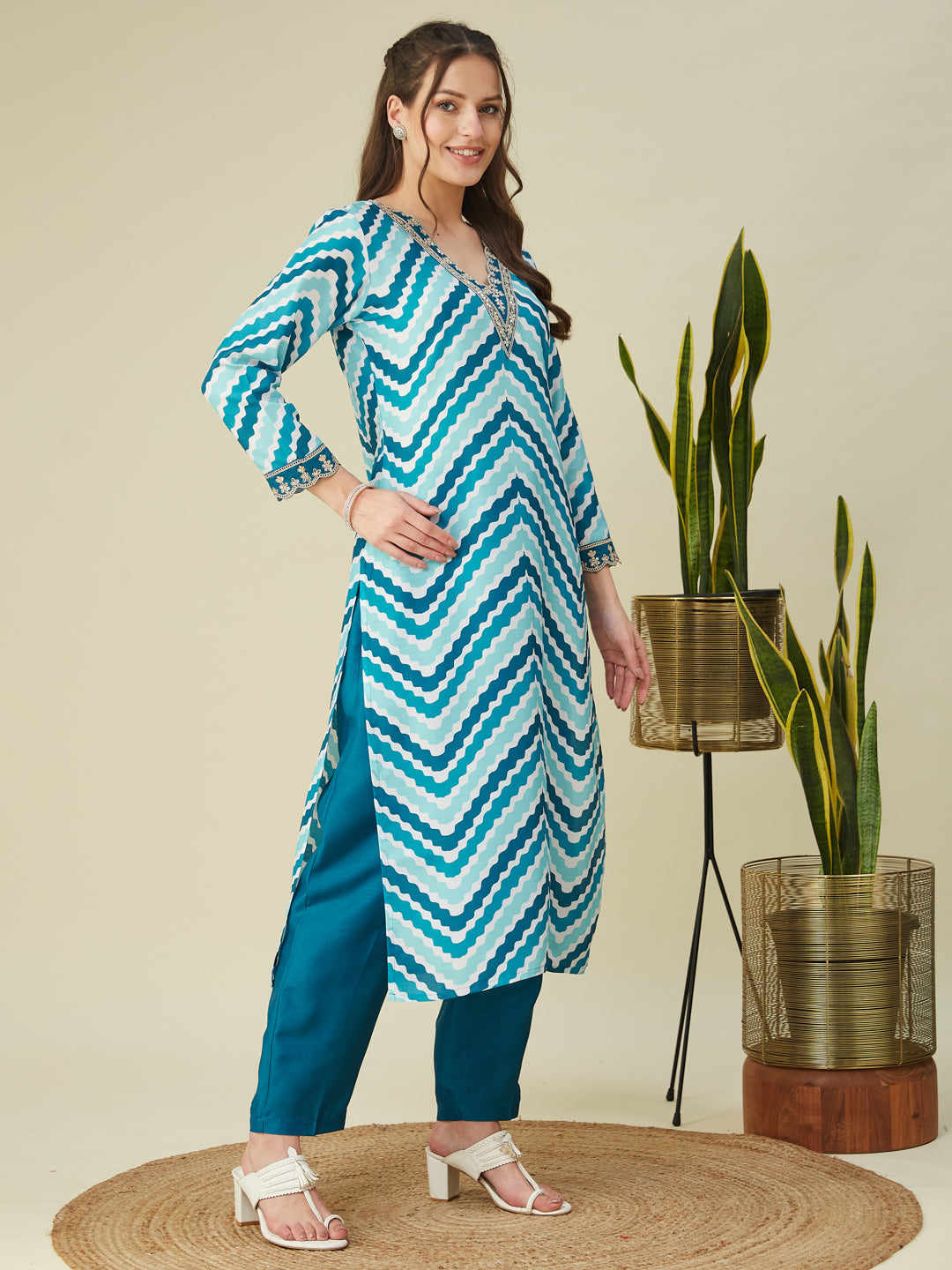 Rama Embroidered Printed Chinon Straight Kurta with Dupatta set