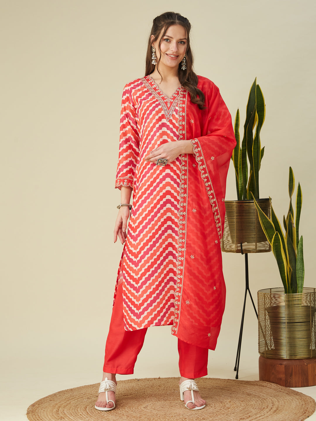 Pink Embroidered Printed Chinon Straight Kurta with Dupatta set