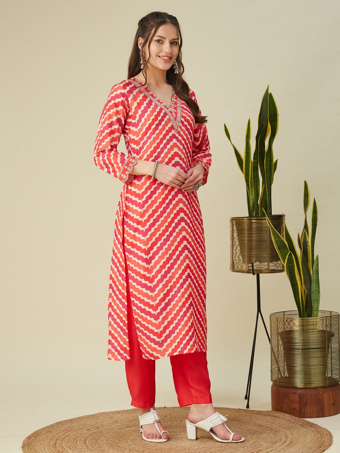 Pink Embroidered Printed Chinon Straight Kurta with Dupatta set