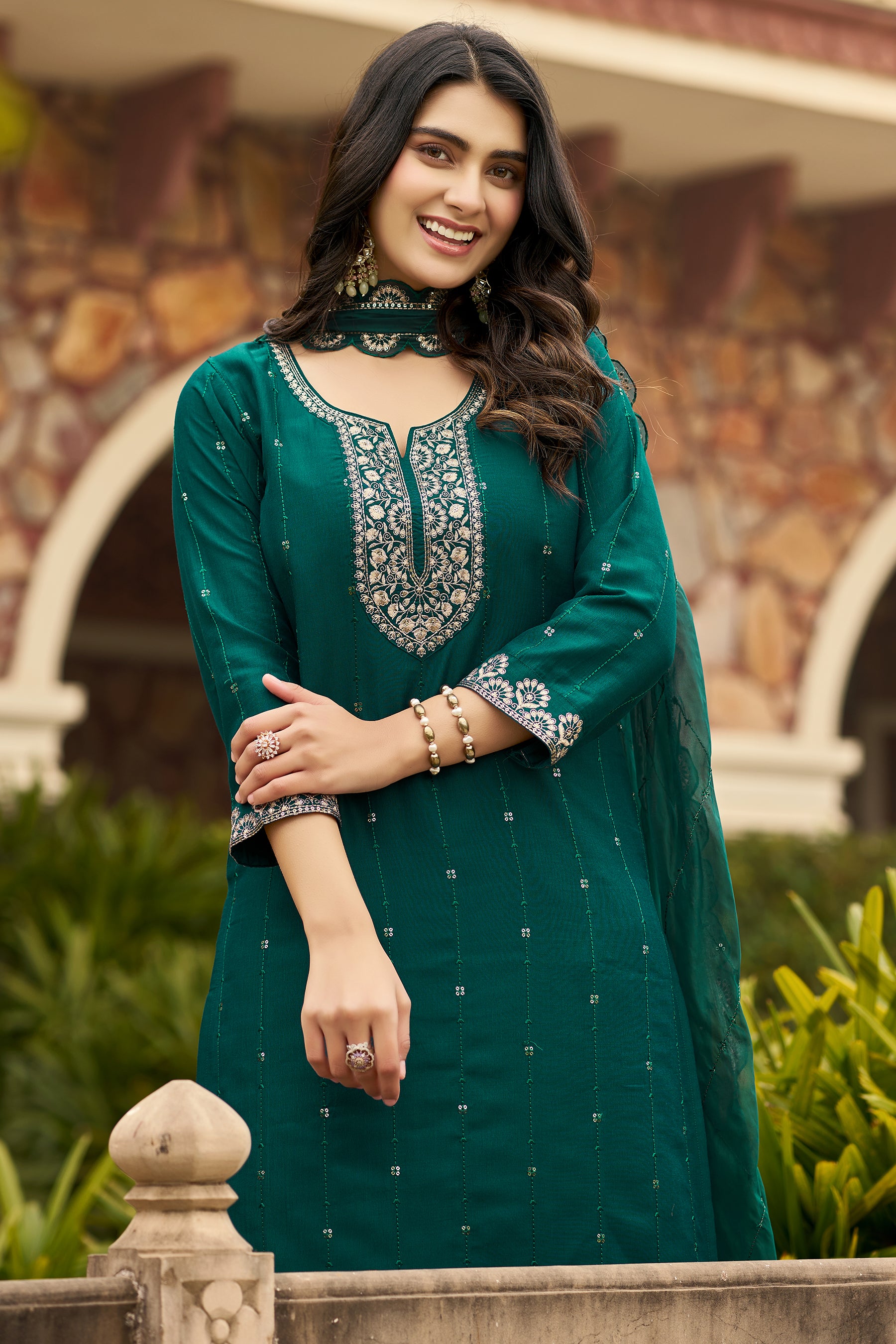 Bottle Green Chinon Solid Embroidered Kurta & Dupatta Set