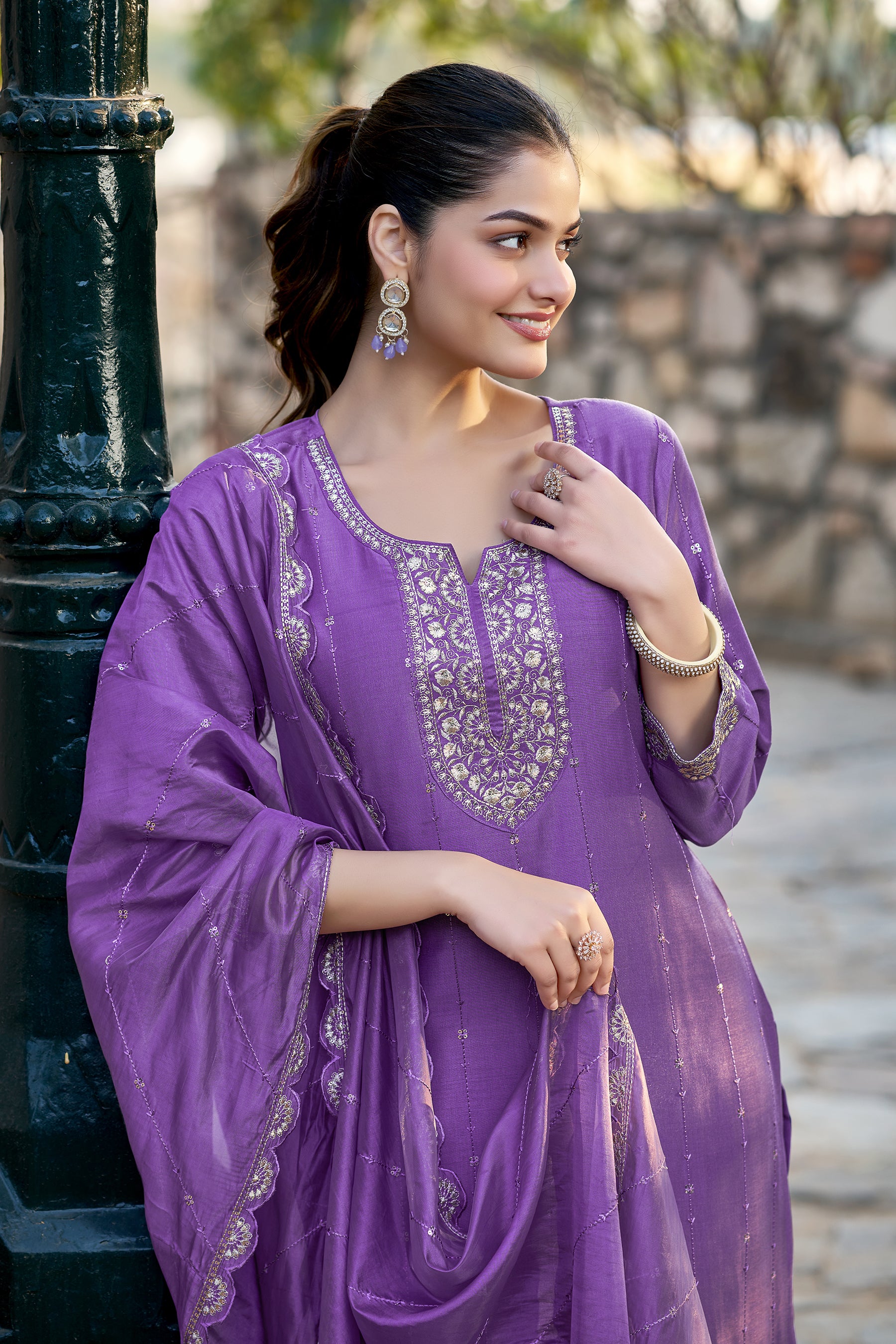 Purple Chinon Solid Embroidered Kurta & Dupatta Set