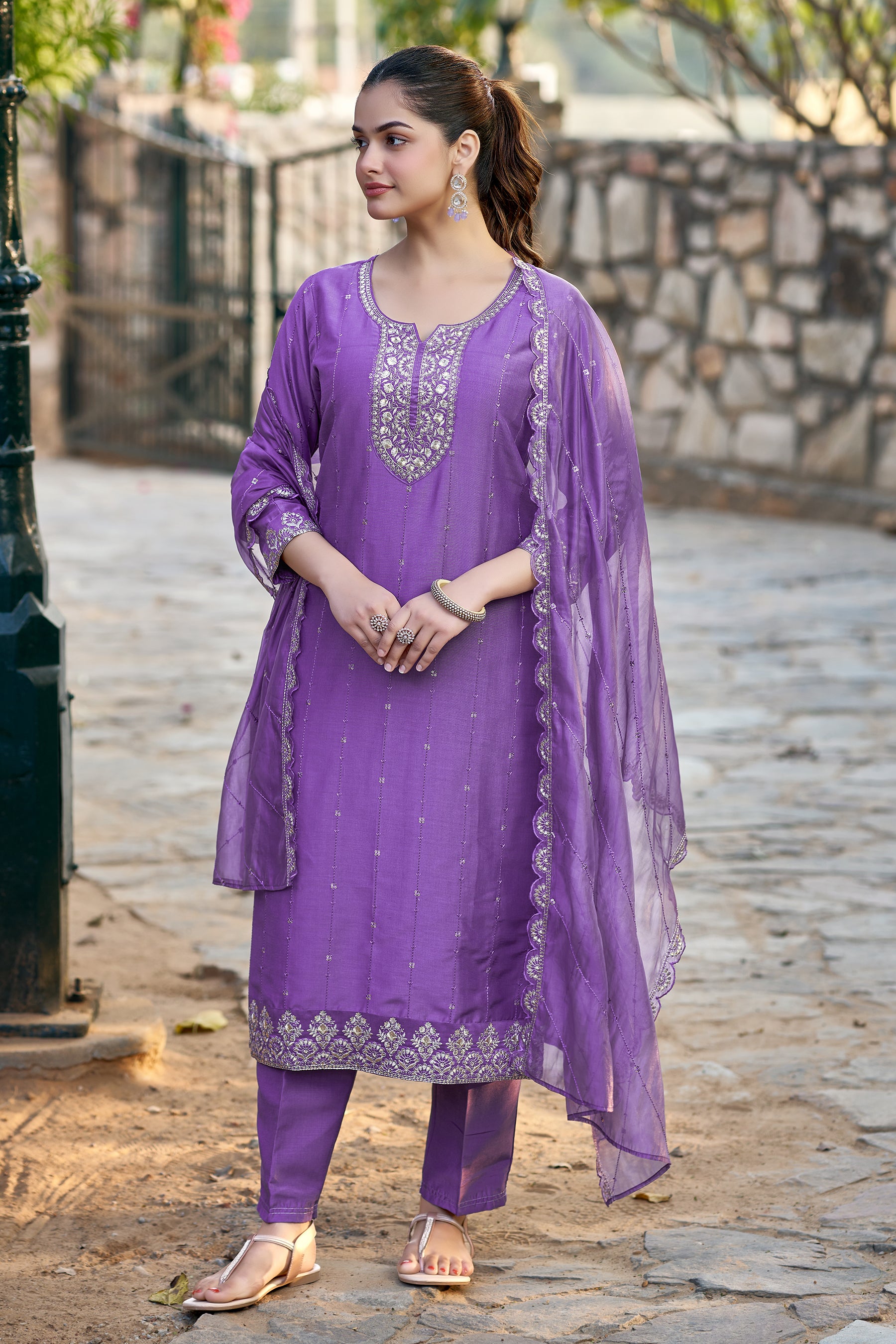 Purple Chinon Solid Embroidered Kurta & Dupatta Set