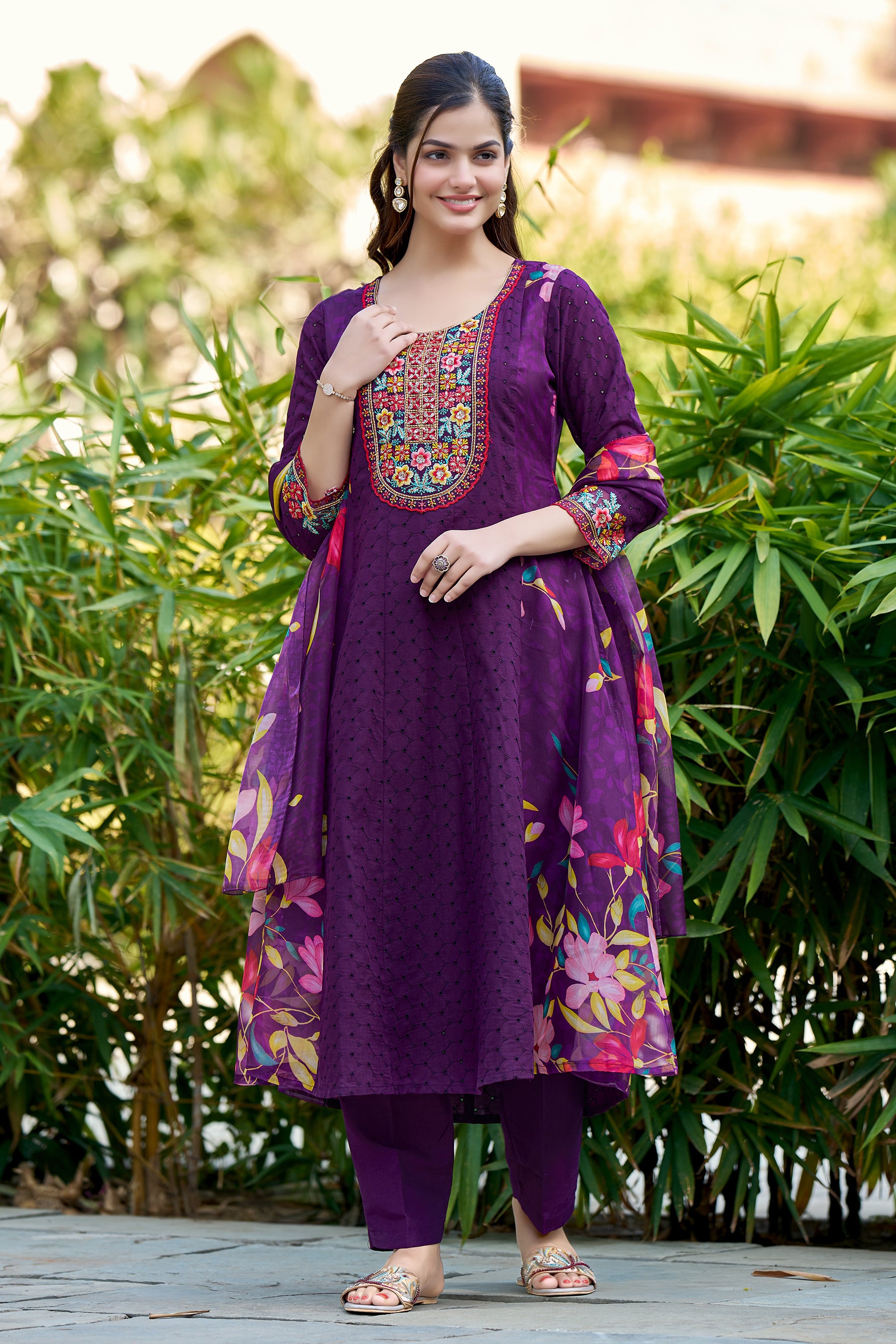 Wine Embroidered Poly Cotton printed Anarkali Kurta With Dupatta Set