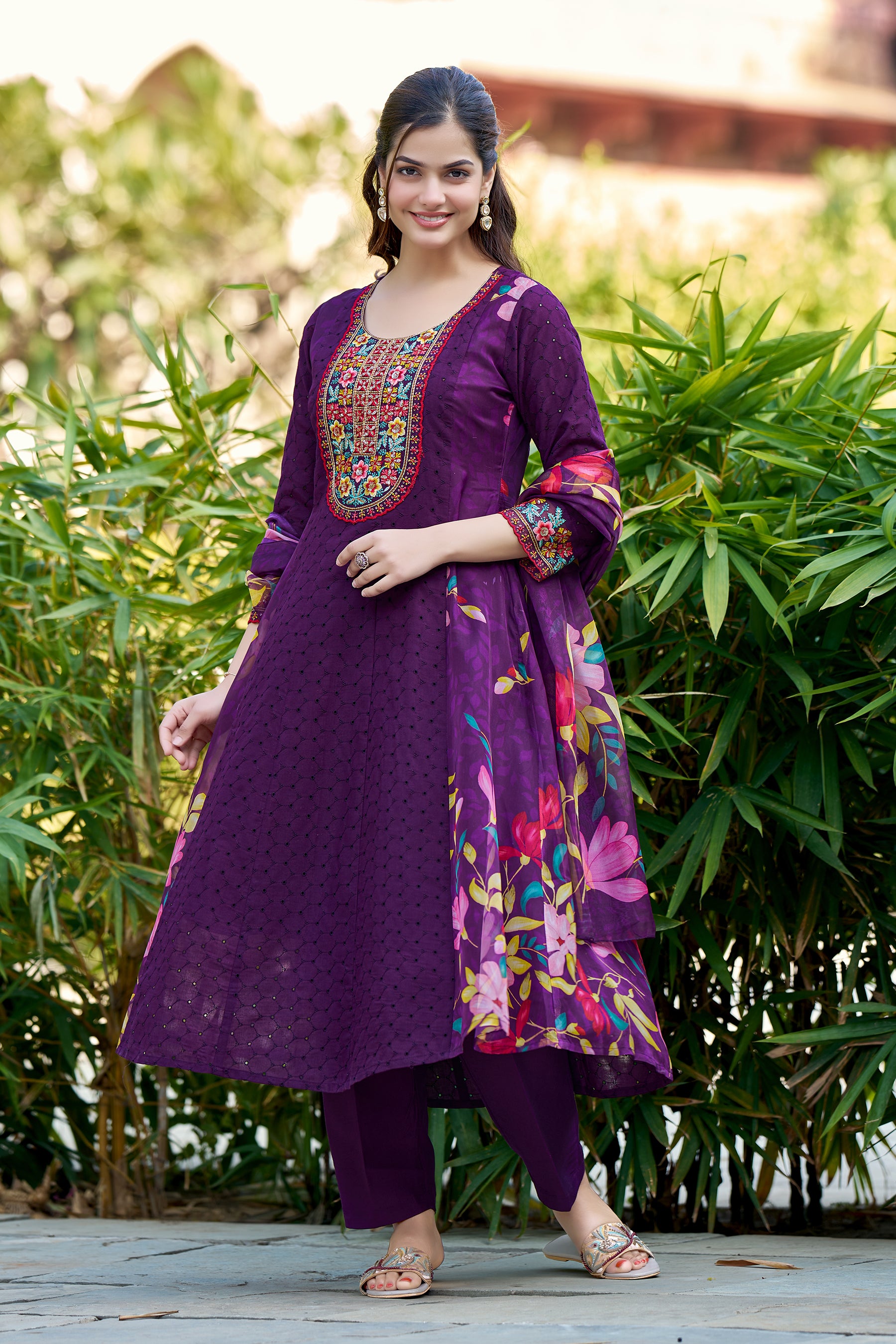 Wine Embroidered Poly Cotton printed Anarkali Kurta With Dupatta Set