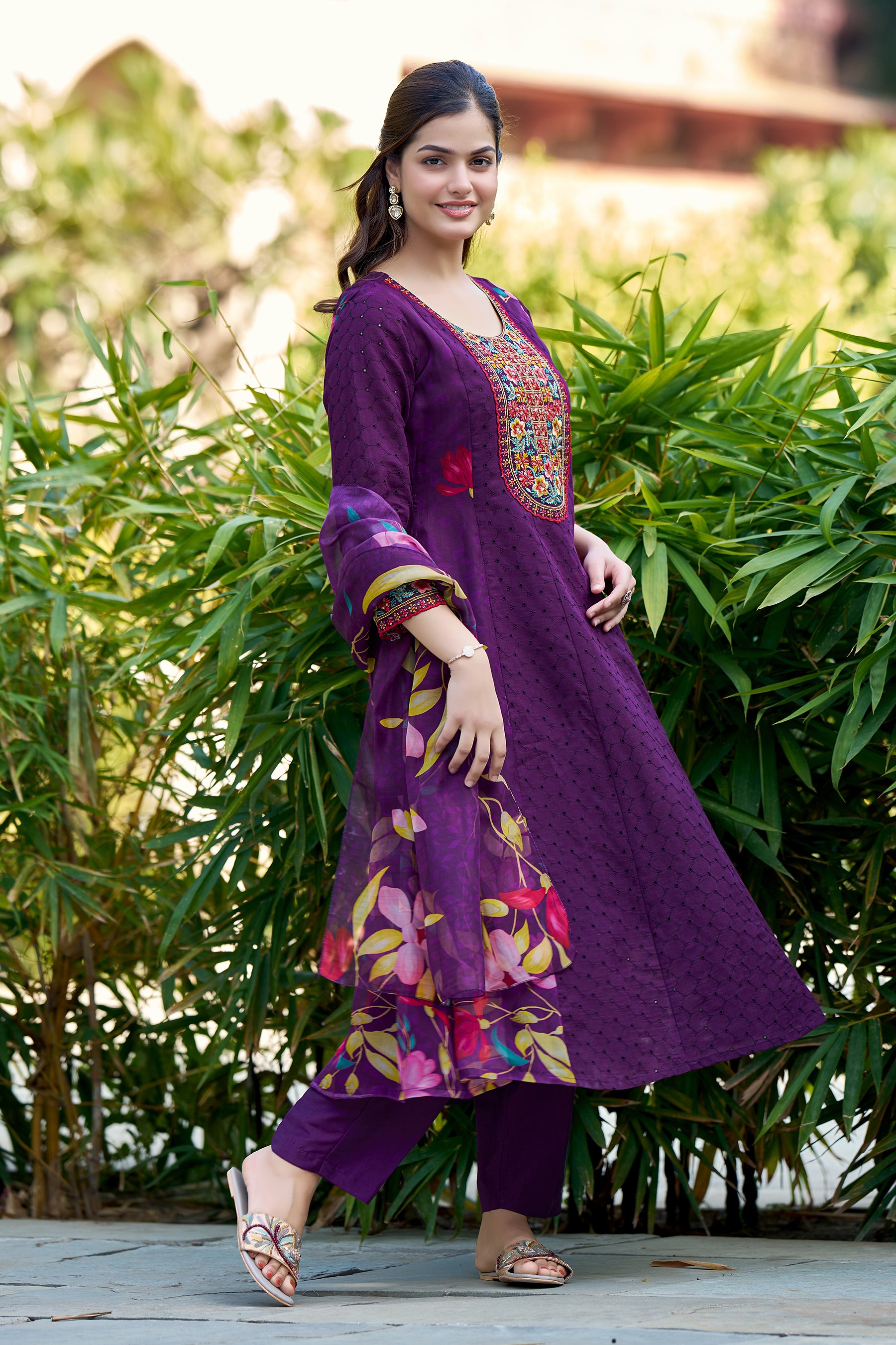 Wine Embroidered Poly Cotton printed Anarkali Kurta With Dupatta Set