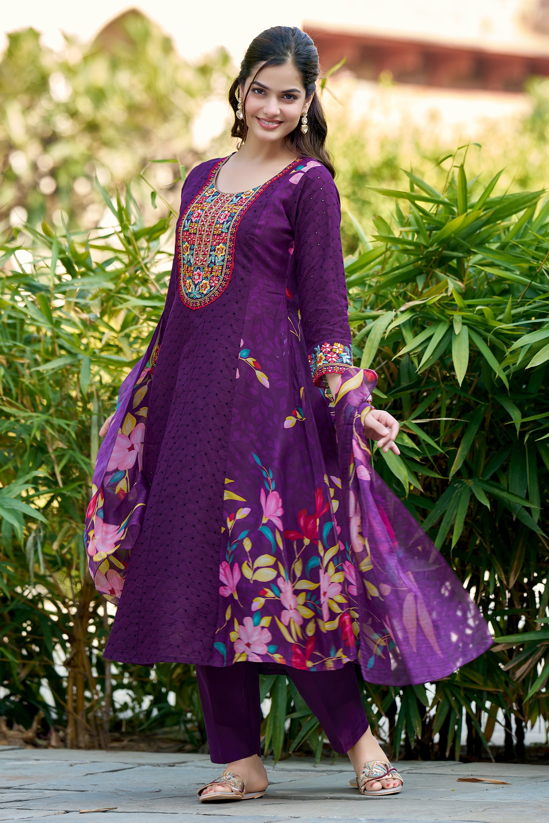 Wine Embroidered Poly Cotton printed Anarkali Kurta With Dupatta Set